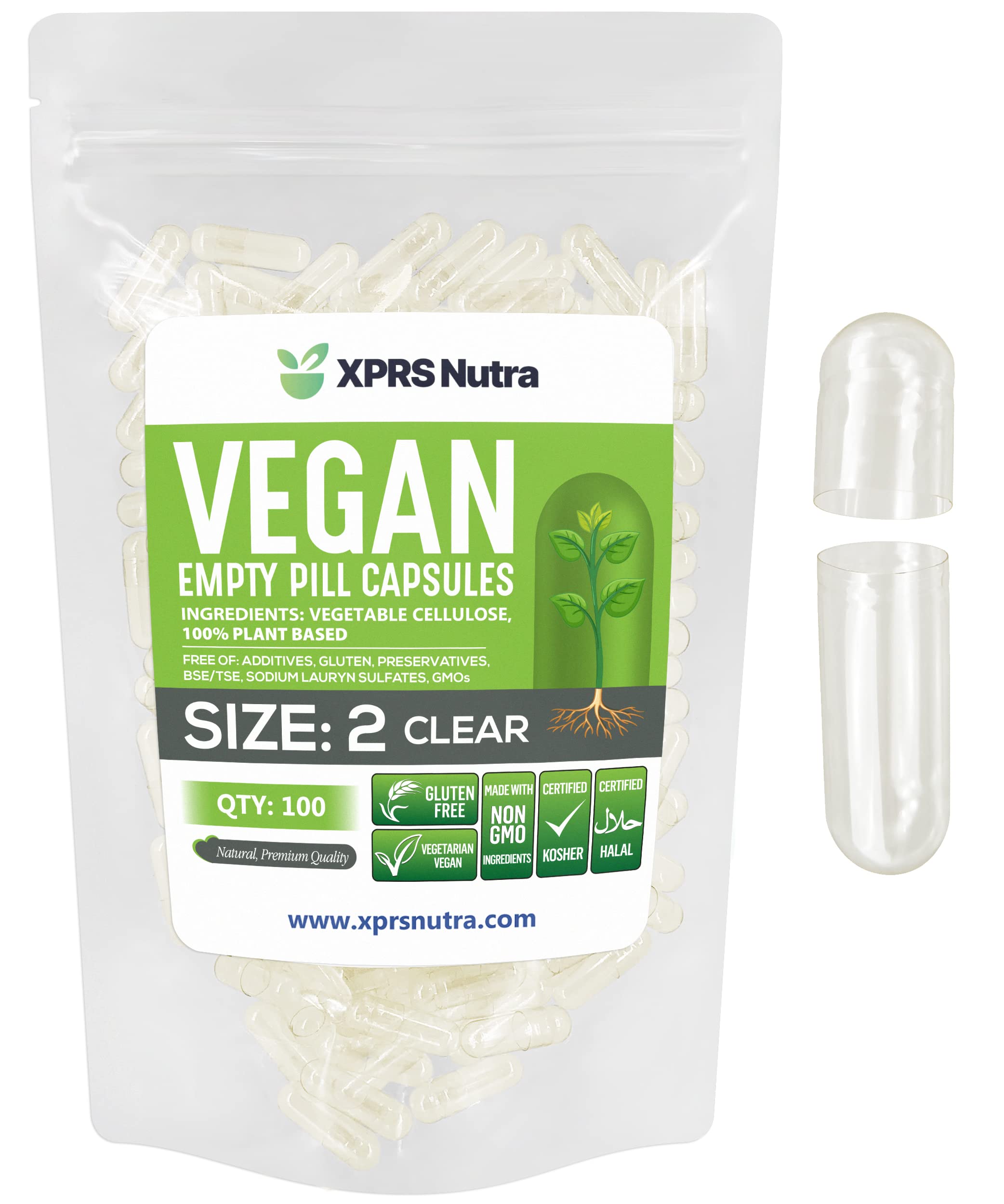 Cápsulas Vacías Xprs Nutra Tamaño 2, 100 Cápsulas Veganas Transparentes - Venta Internacional.