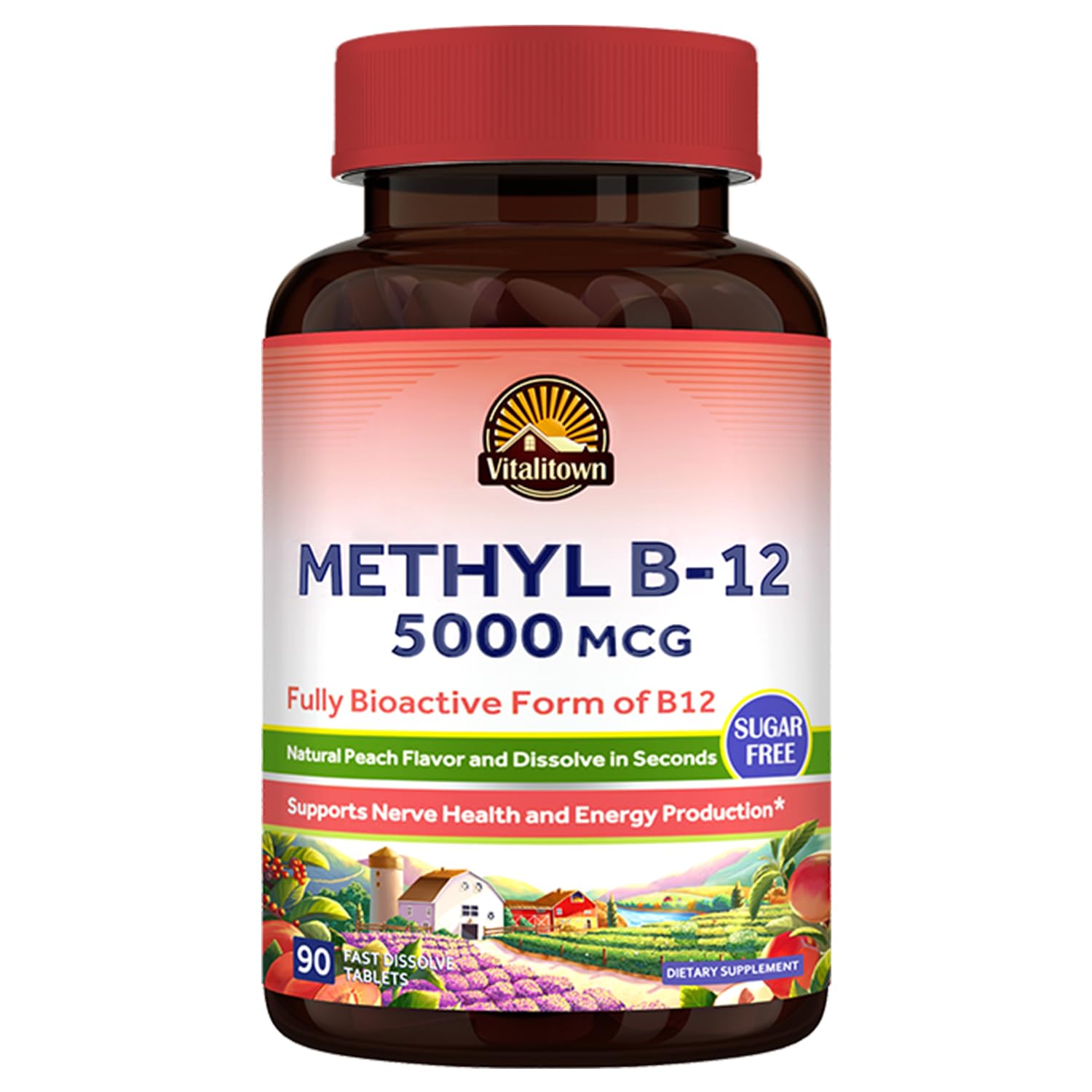Suplemento De Vitamina B12 De Vitalitown, 5000 Mcg, Sabor A Melocotón, 90 Comprimidos - Venta Internacional.