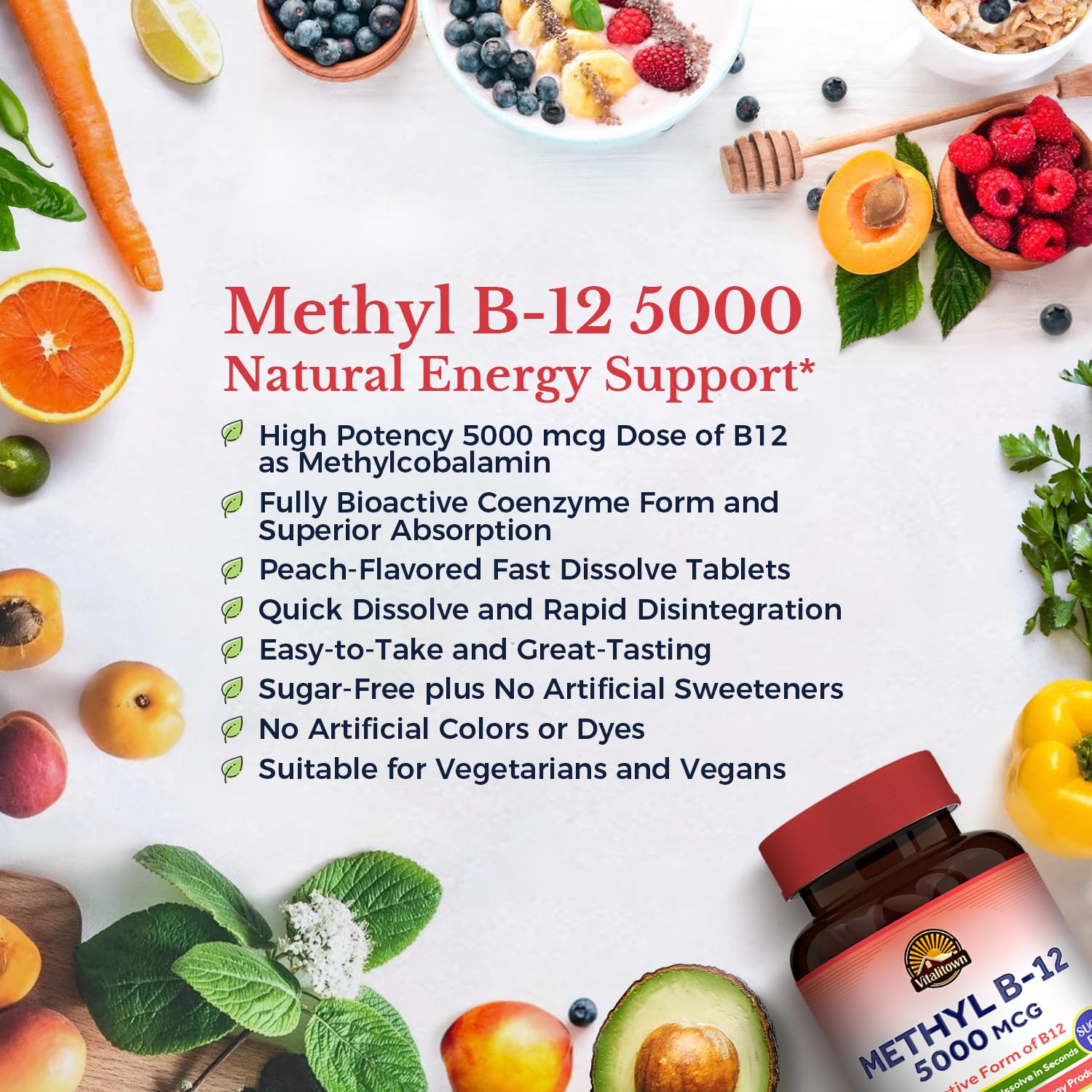 Foto 4 pulgar | Suplemento De Vitamina B12 De Vitalitown, 5000 Mcg, Sabor A Melocotón, 90 Comprimidos - Venta Internacional.