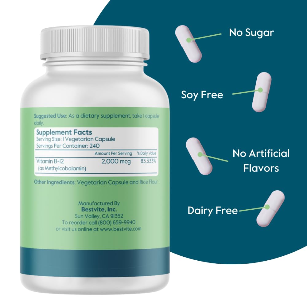 Foto 2 | Vitamina B12 Bestvite Metilcobalamina 2000 Mcg 240 Cápsulas - Venta Internacional.