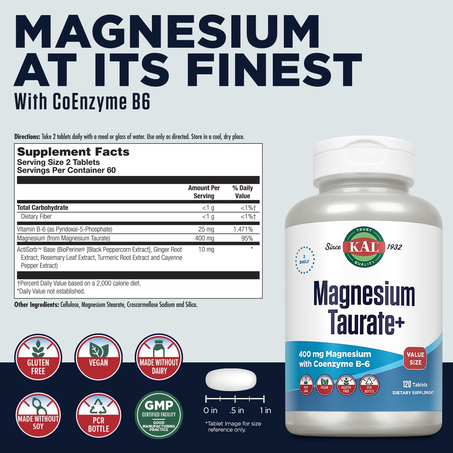 Foto 3 pulgar | Suplemento Kal De Taurato De Magnesio 400 Mg Con Vitamina B6 120 Tabletas - Venta Internacional.