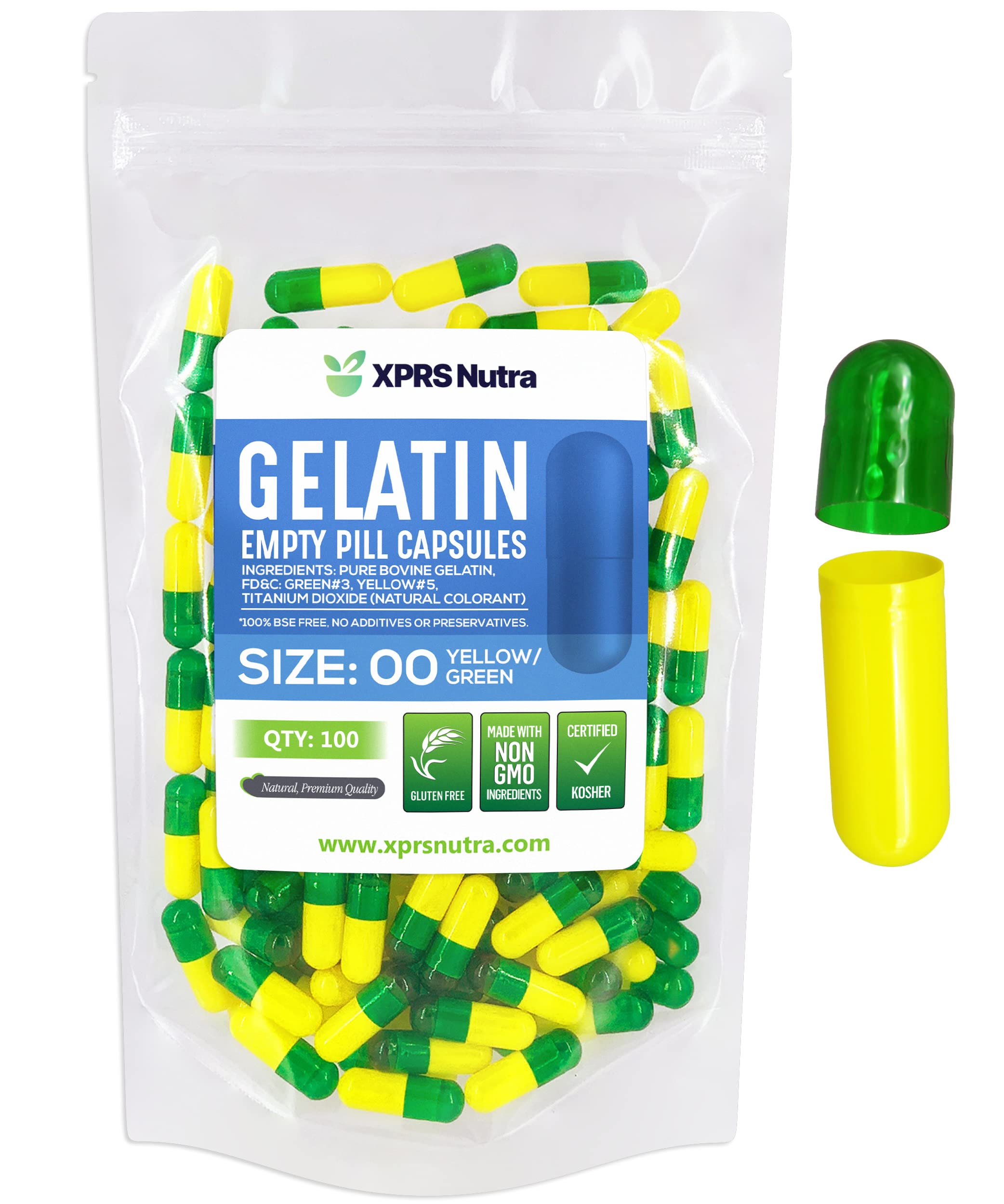 Cápsulas Vacías Xprs Nutra, Tamaño 00, 100 Unidades, Gelatina Verde/amarilla - Venta Internacional.