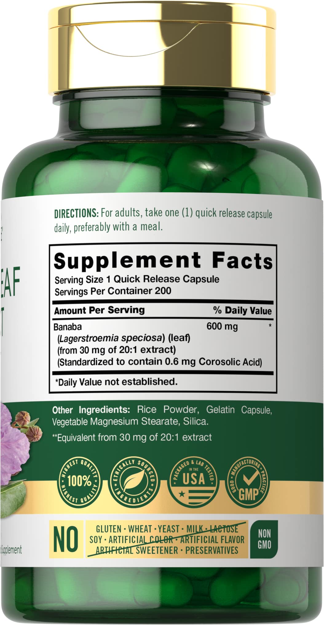 Foto 3 pulgar | Suplemento De Extracto De Hoja De Banaba De Carlyle En Cápsulas, 600 Mg, 200 Unidades - Venta Internacional.