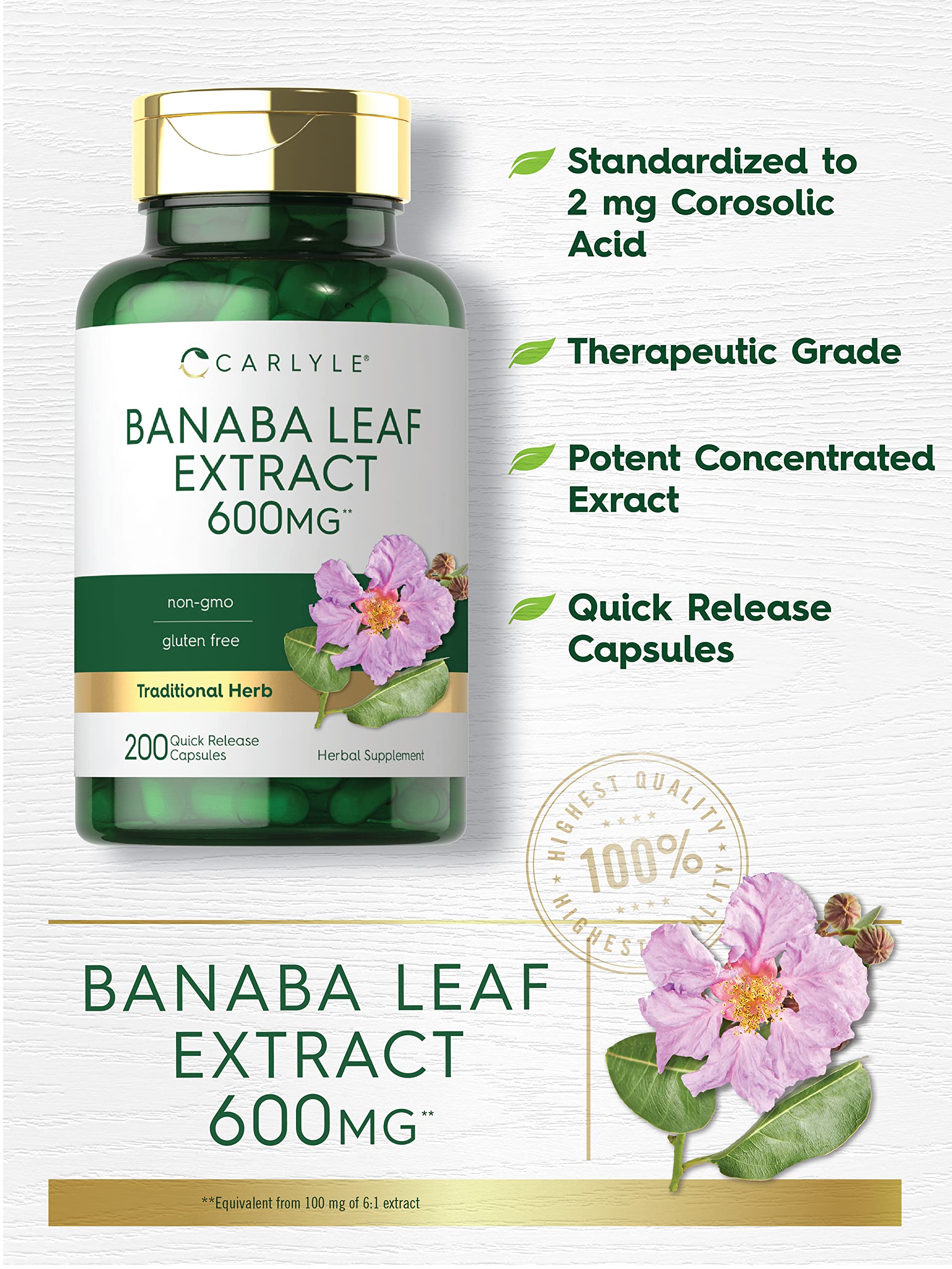 Foto 4 pulgar | Suplemento De Extracto De Hoja De Banaba De Carlyle En Cápsulas, 600 Mg, 200 Unidades - Venta Internacional.