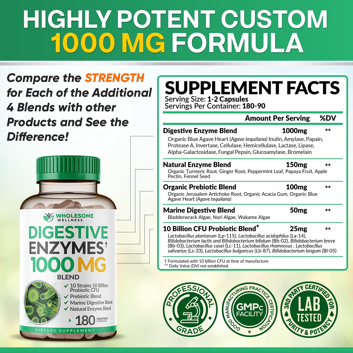 Foto 5 pulgar | Suplemento Wholesome Wellness Digestive Enzymes 1000 Mg 180 Cápsulas - Venta Internacional.
