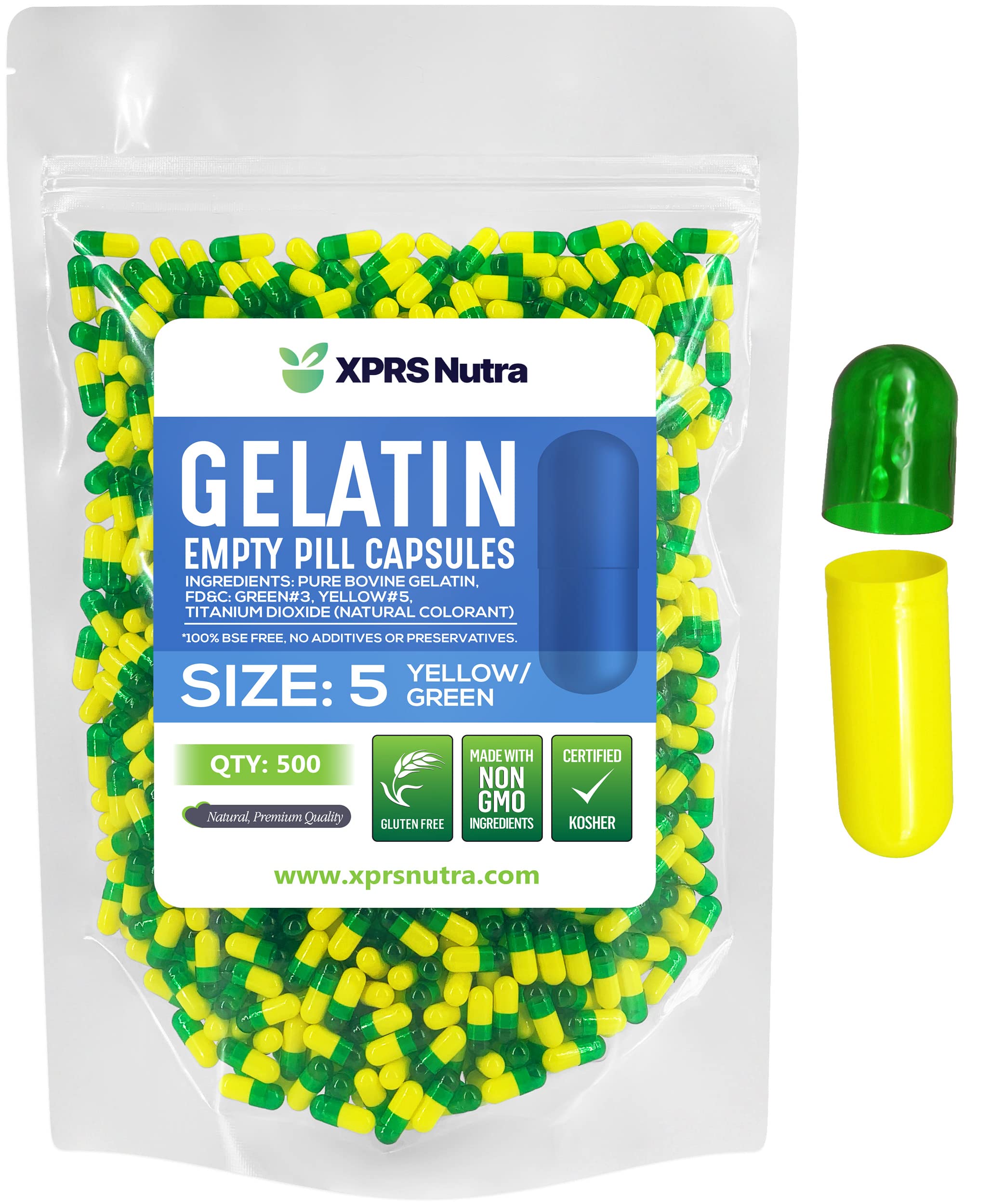 Cápsulas Vacías Xprs Nutra, Tamaño 5, 500 Unidades, Gelatina Verde/amarilla - Venta Internacional.