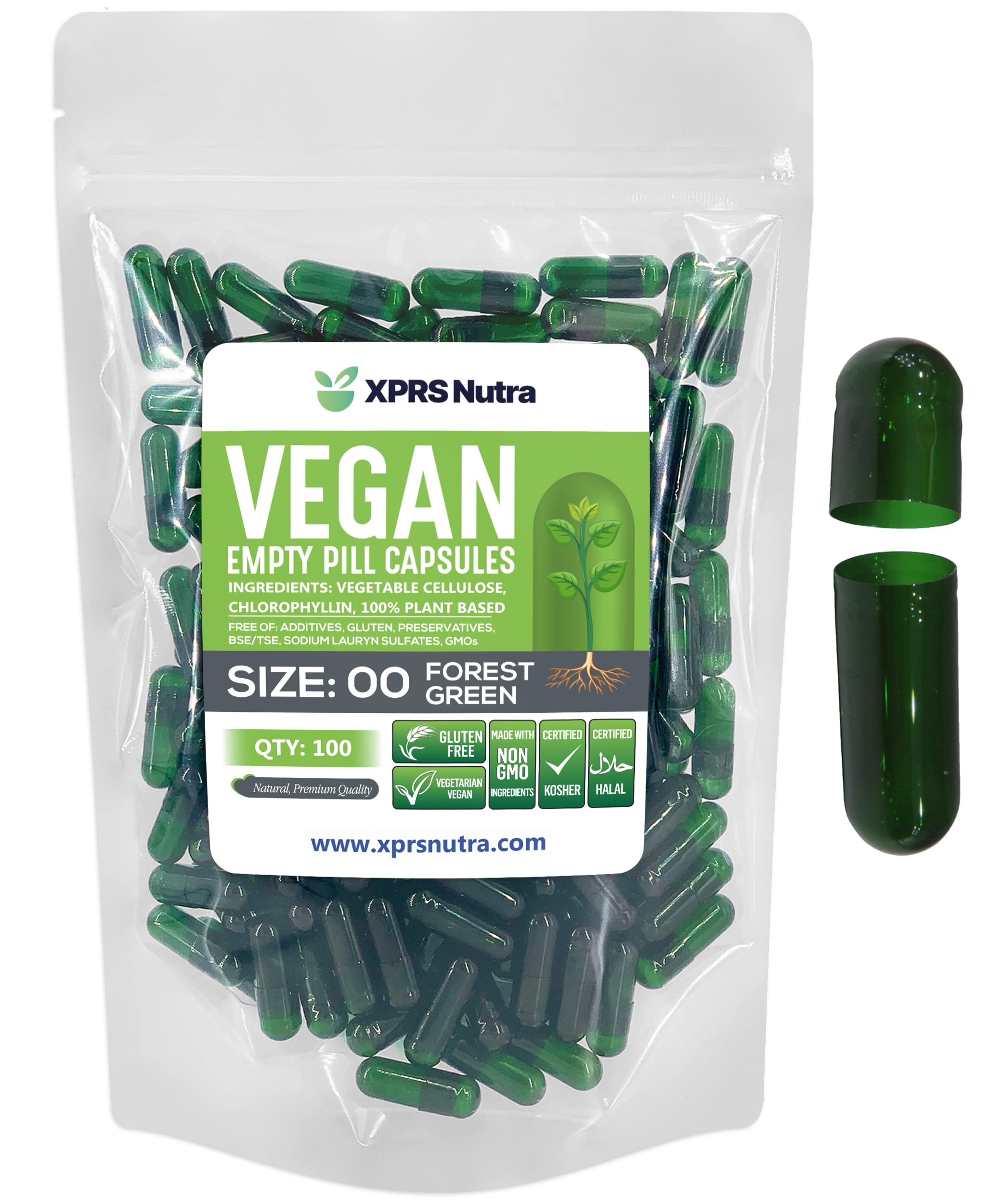 Cápsulas Vacías Xprs Nutra, Tamaño 00, 100 Unidades, Veganas, Verdes - Venta Internacional.