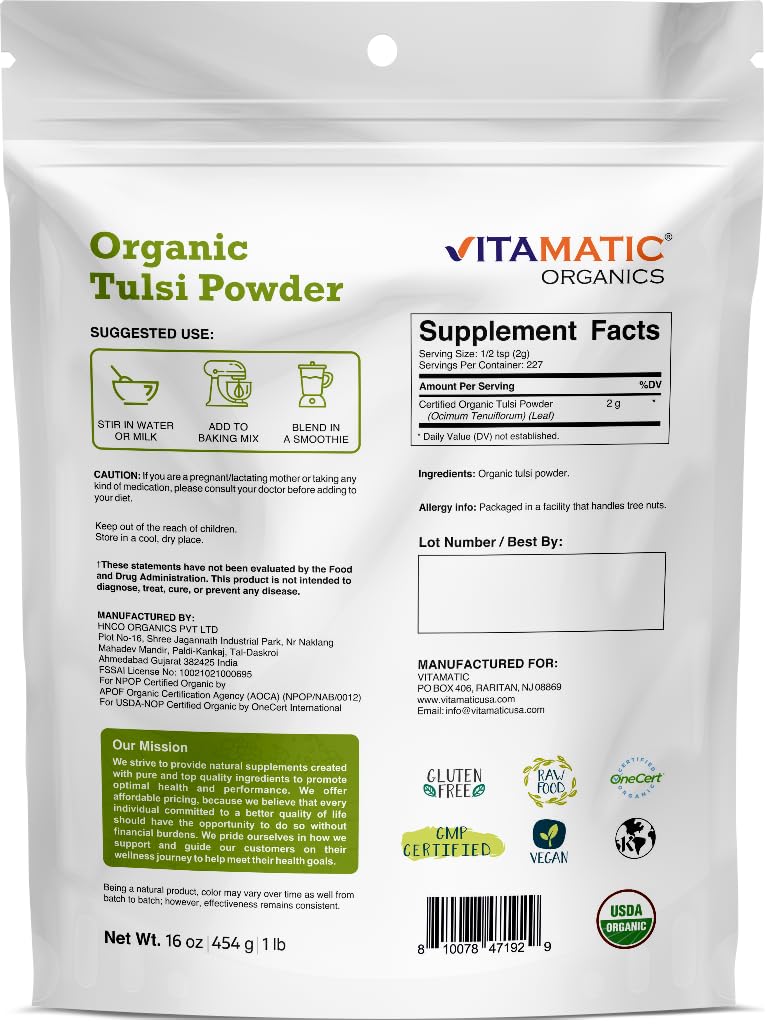 Foto 4 pulgar | Polvo Orgánico De Tulsi (albahaca Sagrada) Vitamatic 454 G - Venta Internacional.