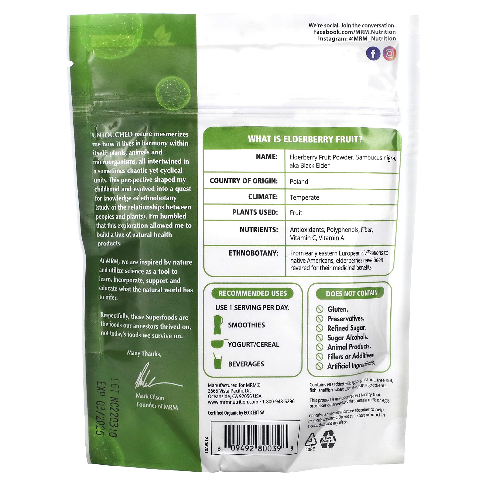 Foto 3 pulgar | Suplemento Fruta de Saúco Orgánica Mrm Nutrition en Polvo - Venta Internacional