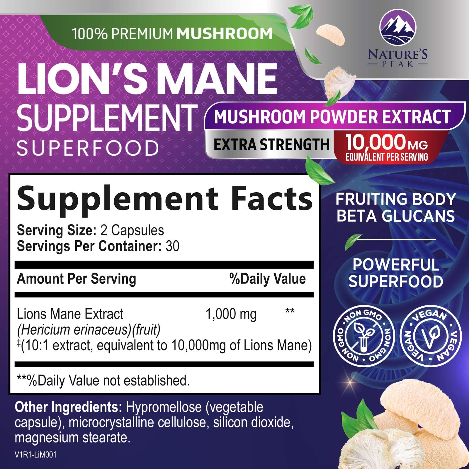 Foto 3 pulgar | Suplemento Lions Mane Mushroom, 10,000 mg 60 Cápsulas - Venta Internacional.