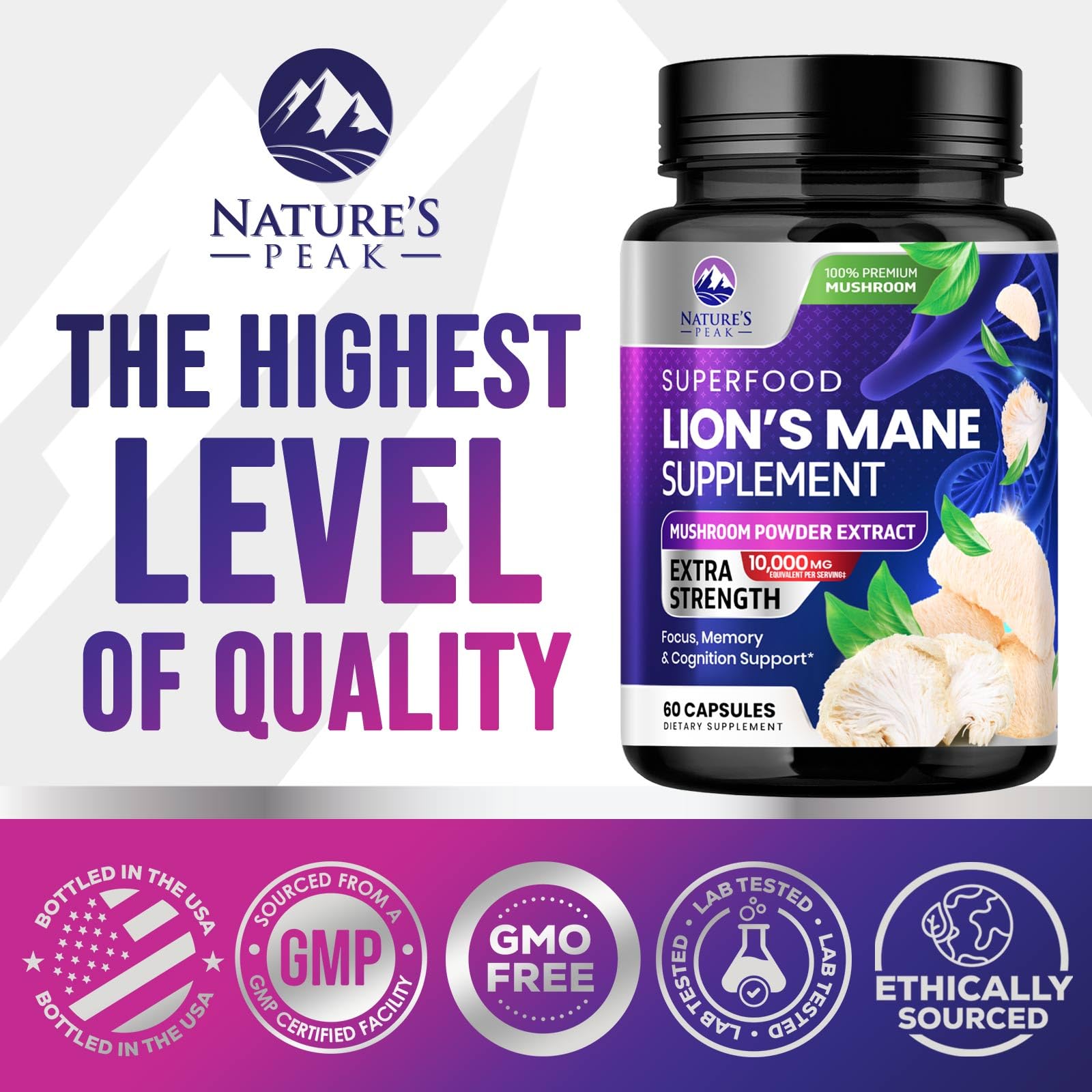Foto 5 pulgar | Suplemento Lions Mane Mushroom, 10,000 mg 60 Cápsulas - Venta Internacional.