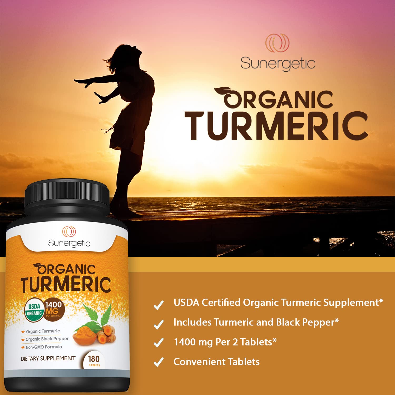 Foto 4 | Suplemento Cúrcuma Orgánica Sunergetic 1400 Mg con Pimienta Negra - Venta Internacional
