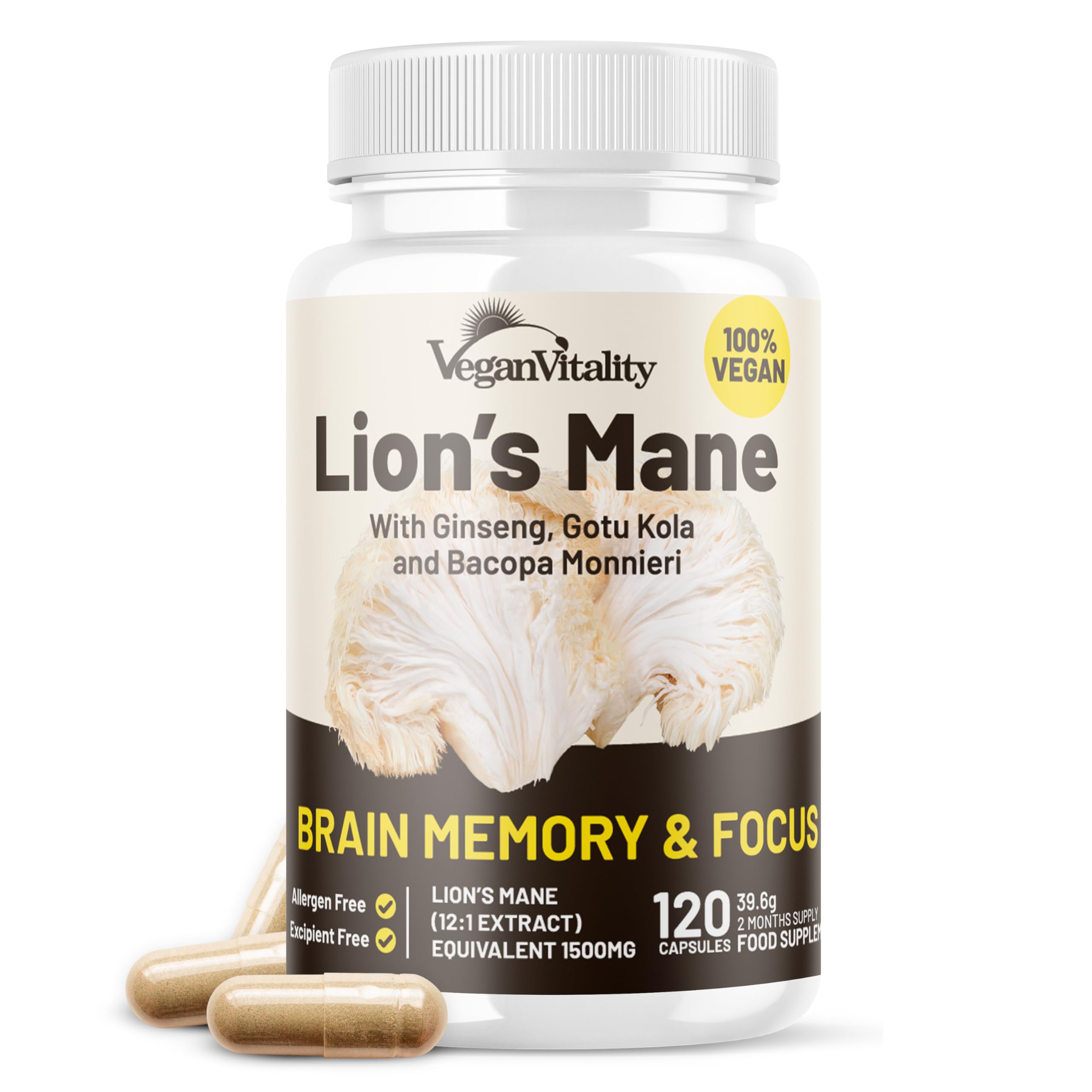 Foto 2 pulgar | Suplemento Vegan Vitality Lions Mane Con Bacopa Monnieri 120 Cápsulas - Venta Internacional.