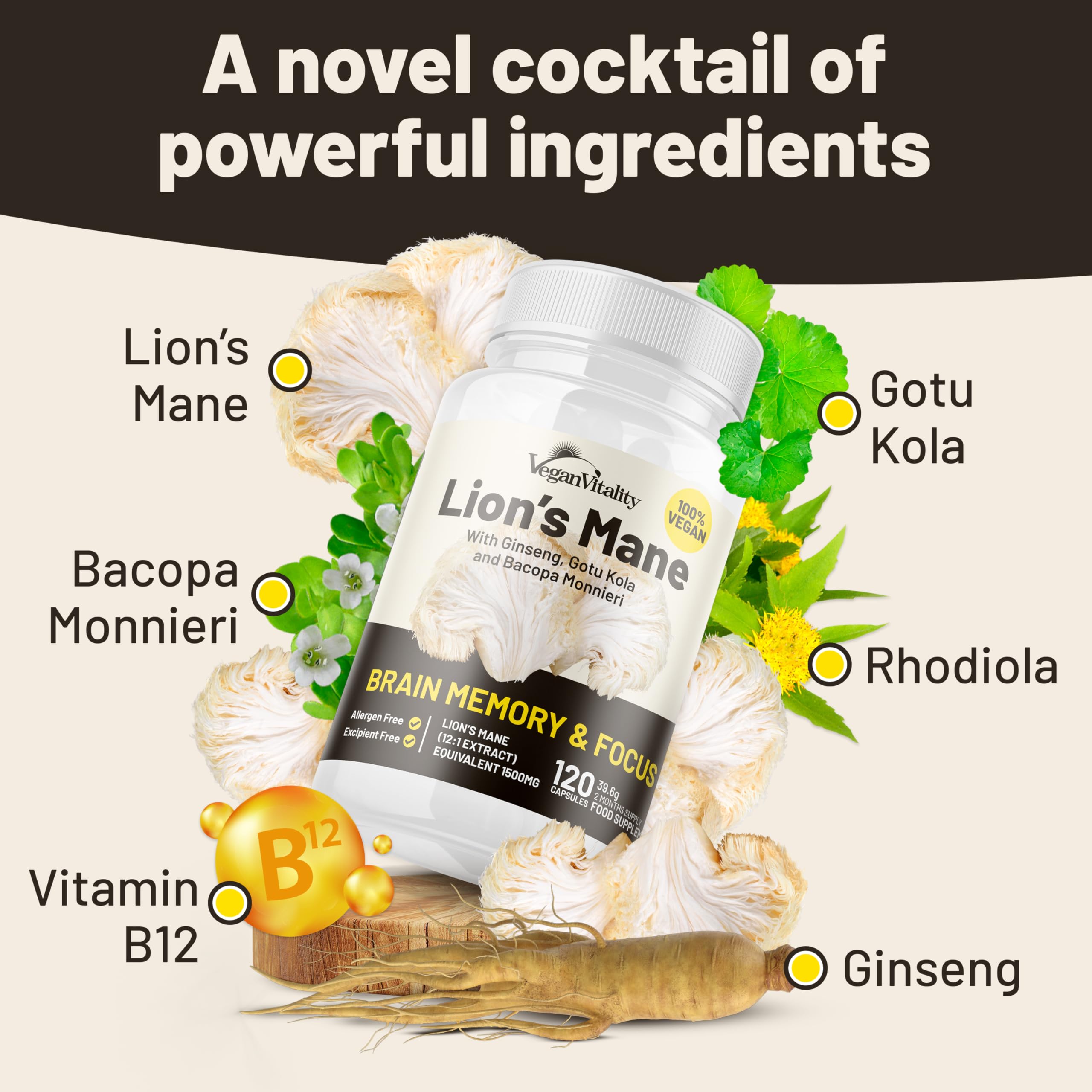 Foto 3 pulgar | Suplemento Vegan Vitality Lions Mane Con Bacopa Monnieri 120 Cápsulas - Venta Internacional.