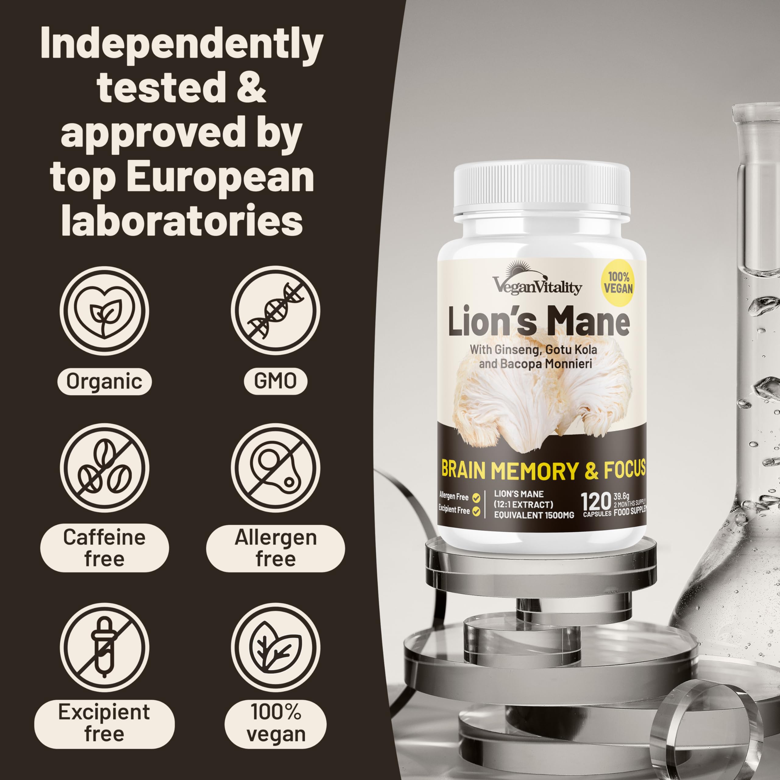 Foto 6 | Suplemento Vegan Vitality Lions Mane Con Bacopa Monnieri 120 Cápsulas - Venta Internacional.