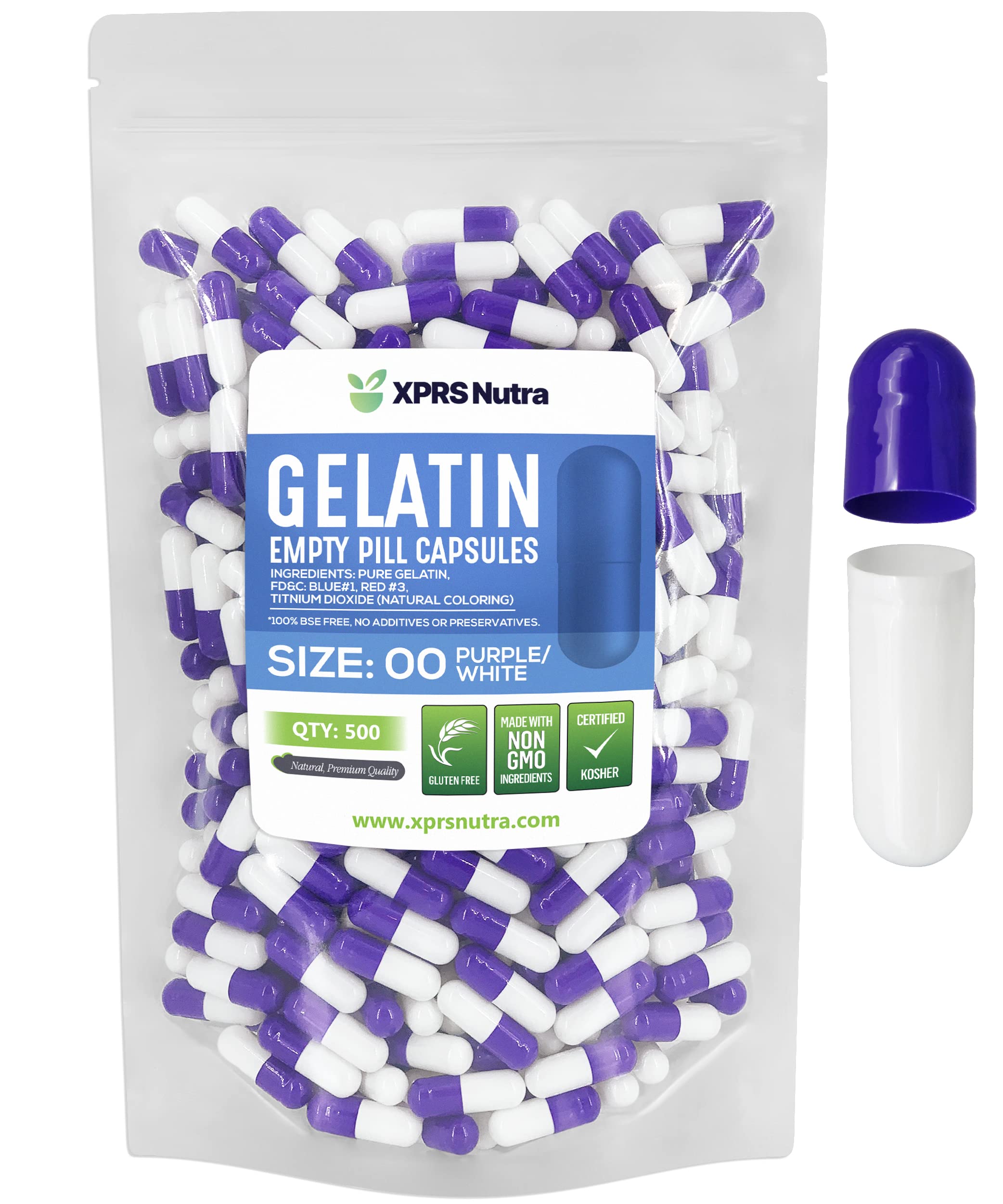 Cápsulas Vacías Xprs Nutra, Tamaño 00, 500 Unidades, Gelatina Morada - Venta Internacional.