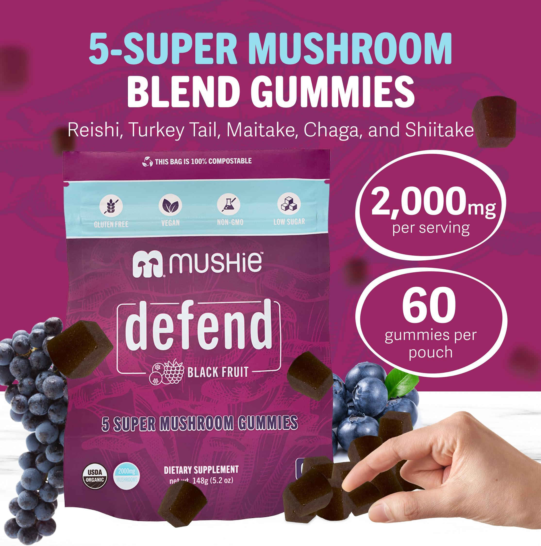 Foto 3 pulgar | Complejo De 5 Superhongos Gummies Mushie 100% Orgánico, 2000 Mg - Venta Internacional.