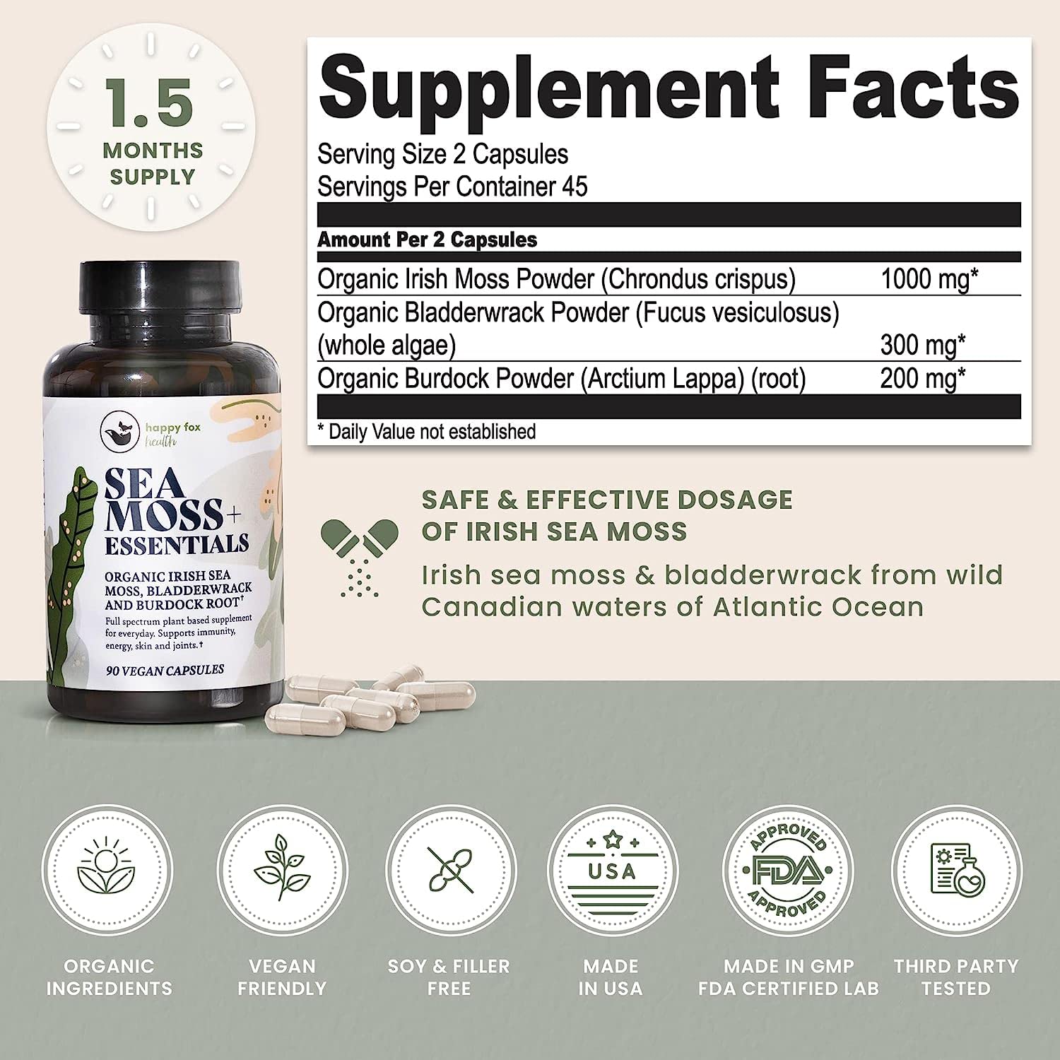 Foto 3 pulgar | Suplemento Happy Fox Sea Moss En Cápsulas De Raíz De Bardana 90% Vegano - Venta Internacional.
