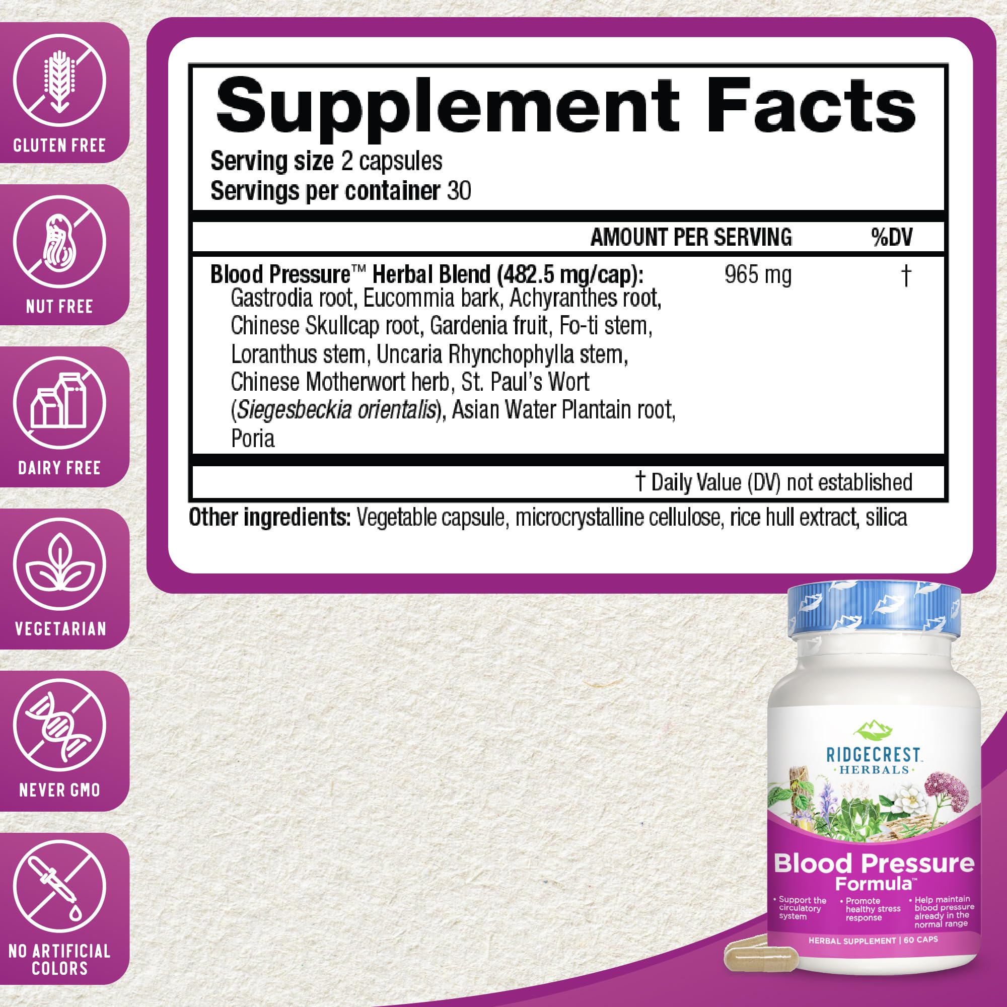 Foto 3 pulgar | Suplemento Ridgecrest Herbals Blood Pressure 60 Comprimidos - Venta Internacional.