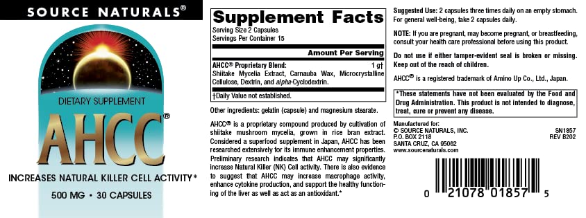 Foto 5 pulgar | Suplemento Source Naturals Ahcc 500 Mg 30 Cápsulas - Venta Internacional.