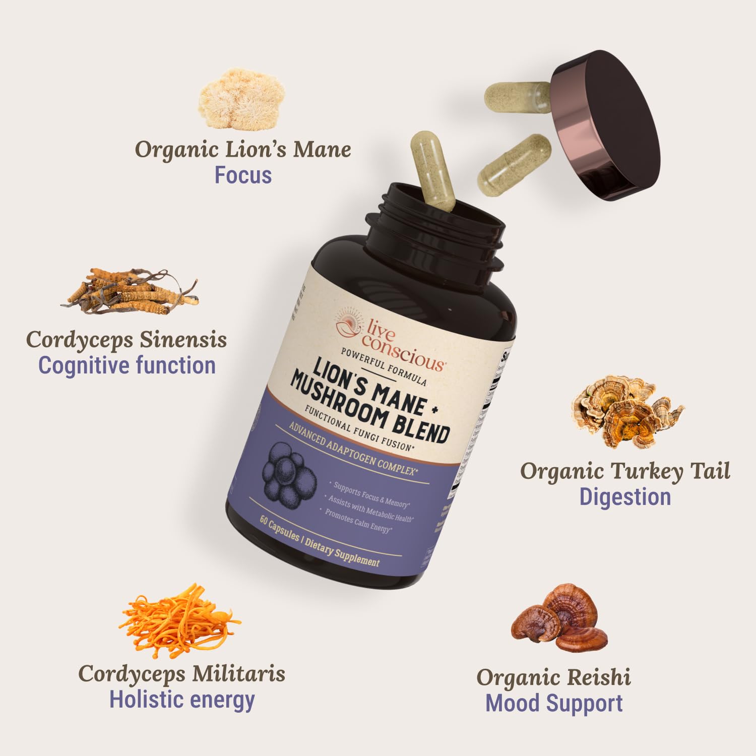 Foto 3 pulgar | Supplement Live Conscious Lions Mane Mushroom Brain Support - Venta Internacional.