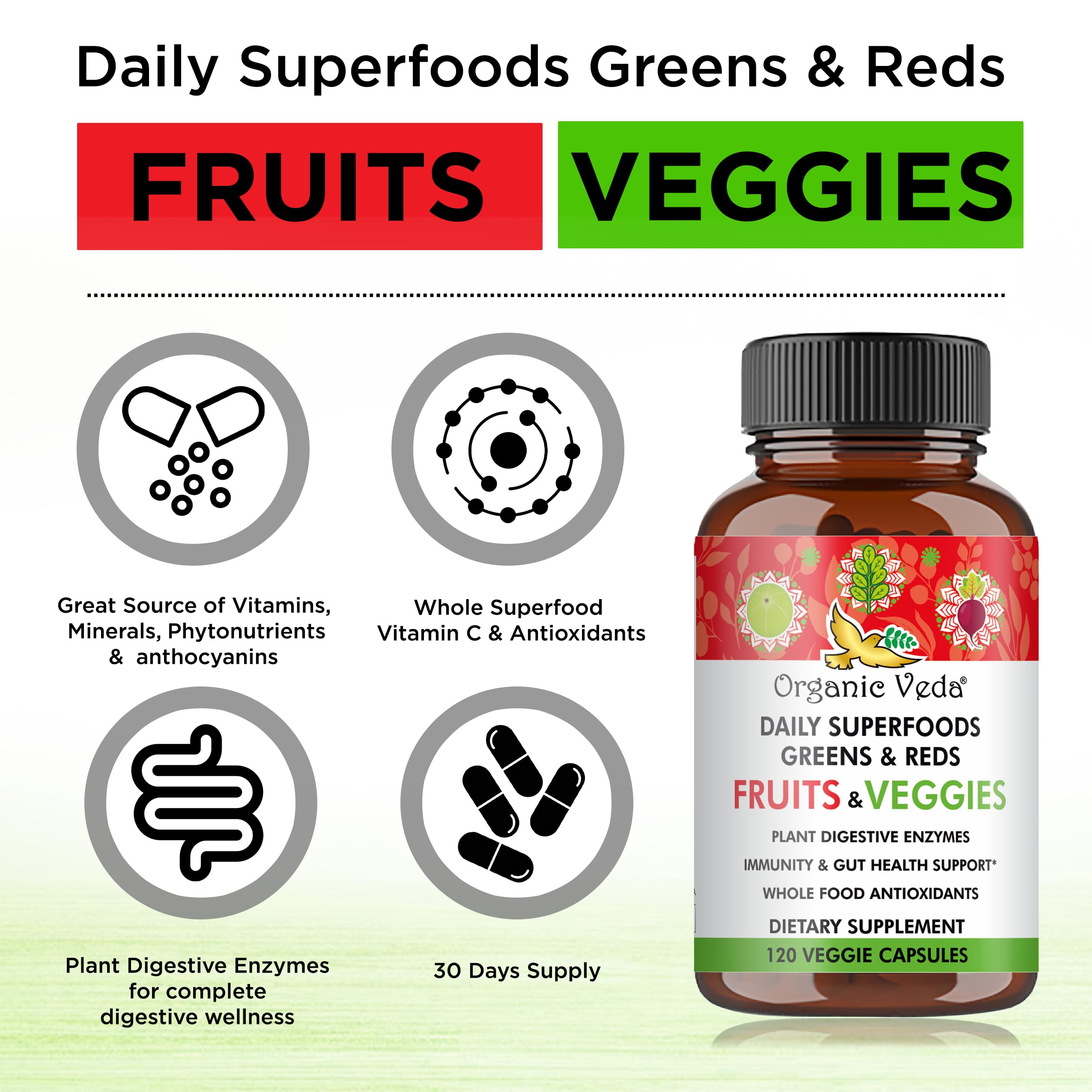 Foto 5 pulgar | Suplemento Orgánico Veda Super Greens Reds Veggies 120 Cápsulas - Venta Internacional.