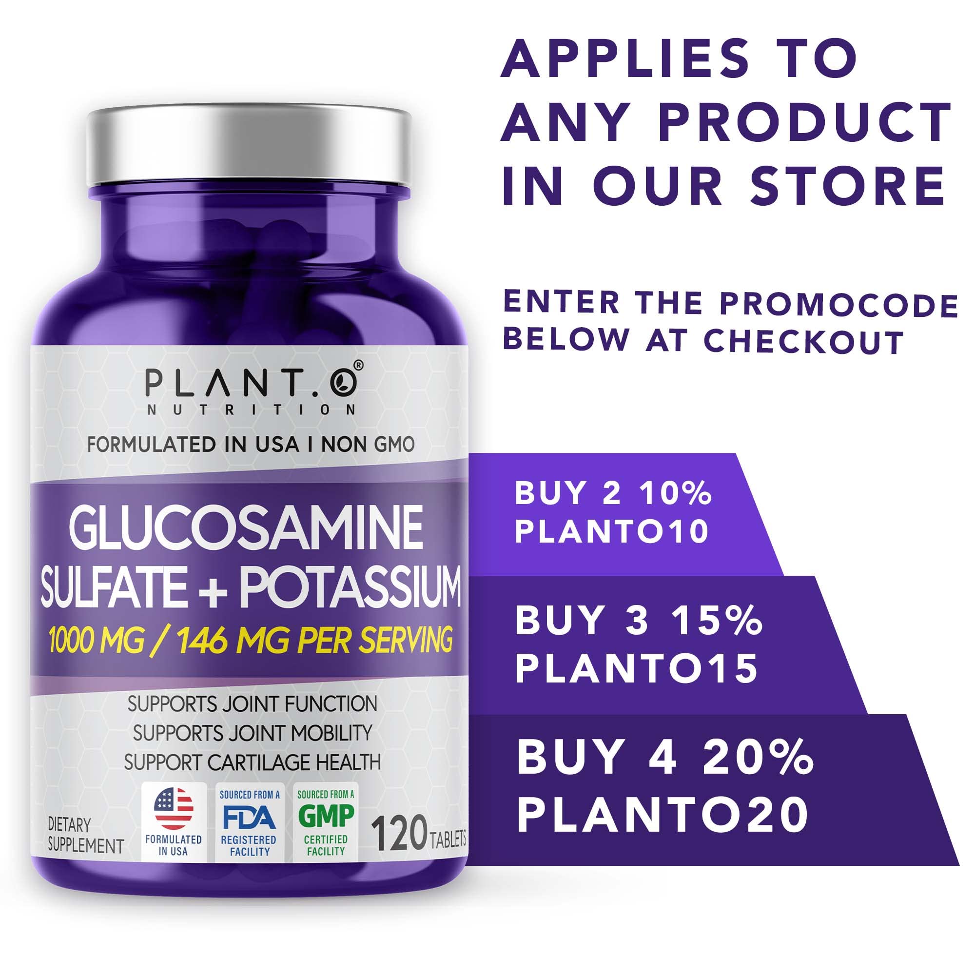 Foto 6 | Suplemento de Apoyo Articular Plant.O Nutrition Sulfato de Glucosamina 120 Tabletas - Venta Internacional
