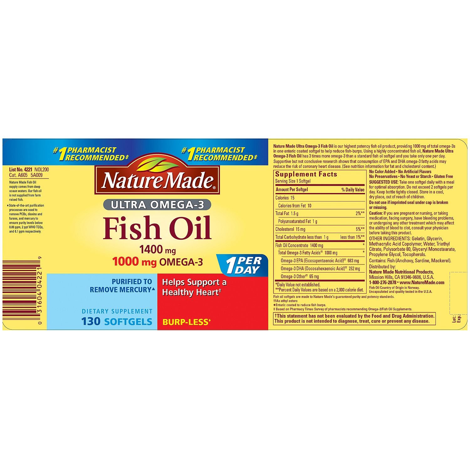 Foto 2 | Suplemento Nature Made Ultra Omega-3 Burpless Fish Oil 1400 Mg Omega 3 1000 Mg 130 Capsulas - Venta Internacional