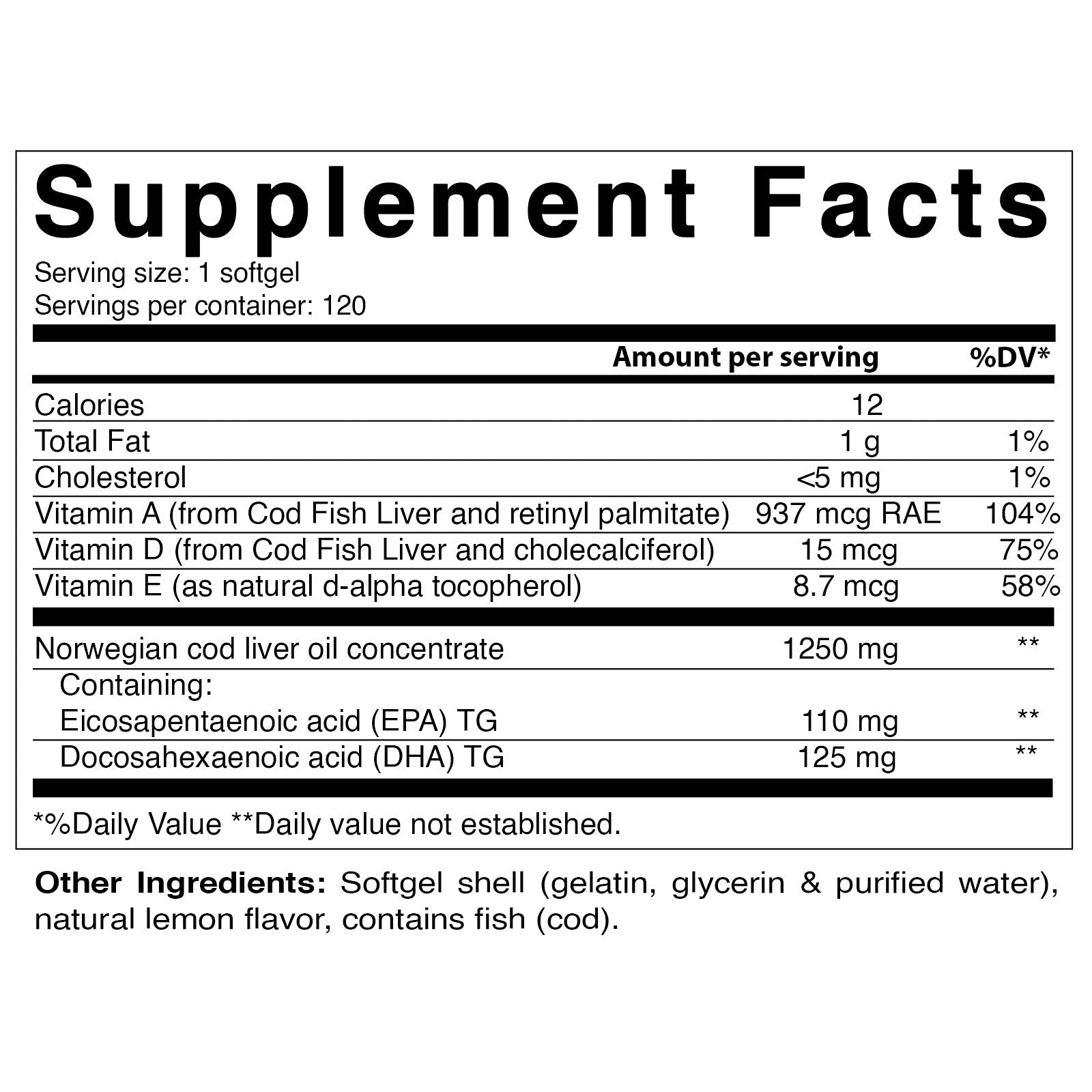 Foto 4 pulgar | Suplemento Vitamático de Aceite de Hígado de Bacalao Noruego 1250 mg 120 Cápsulas - Venta Internacional