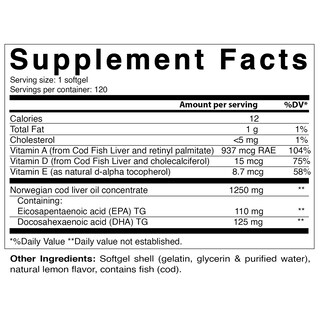 Foto 3 | Suplemento Vitamático de Aceite de Hígado de Bacalao Noruego 1250 mg 120 Cápsulas - Venta Internacional