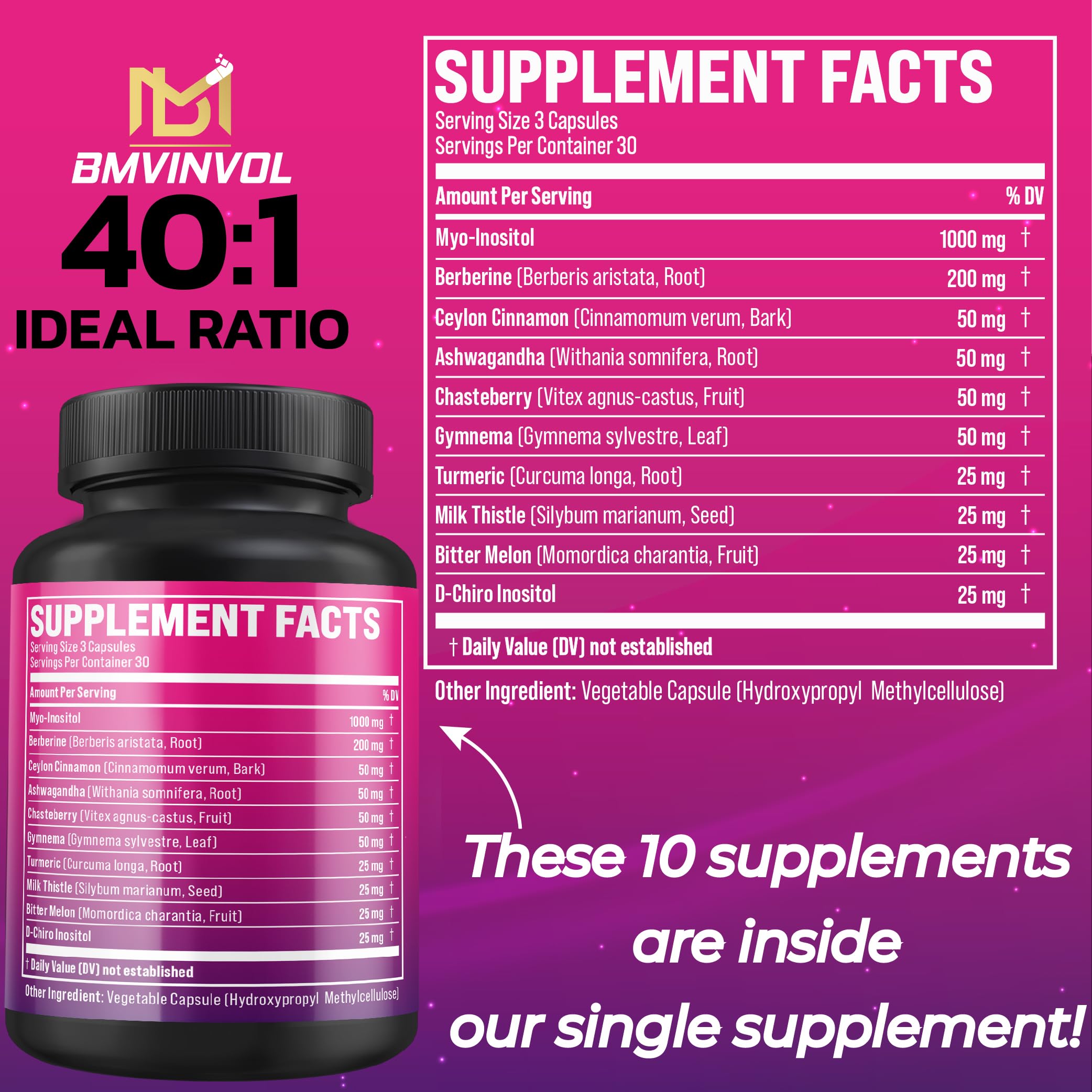 Foto 3 pulgar | Suplemento Bmvinvol Inositol Mio-inositol D-chiro Inositol 90 Cápsulas - Venta Internacional