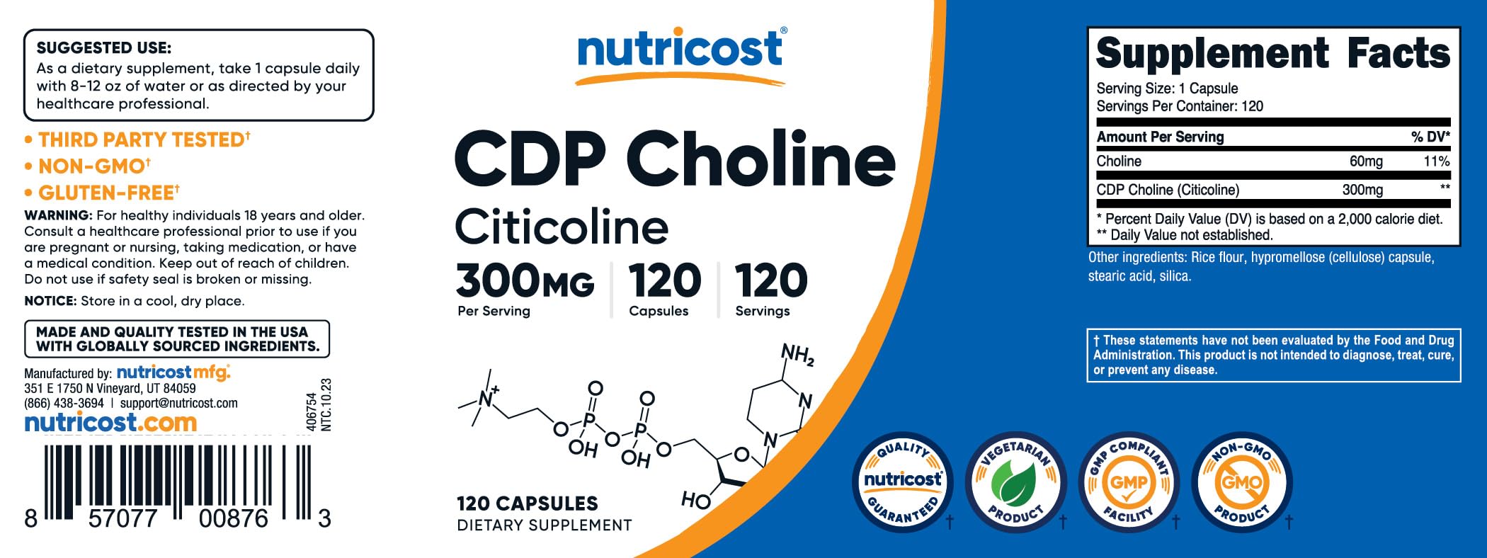 Foto 7 pulgar | Suplemento Nutricost Cdp Colina (citicolina) 300 Mg 120 Cápsulas - Venta Internacional.