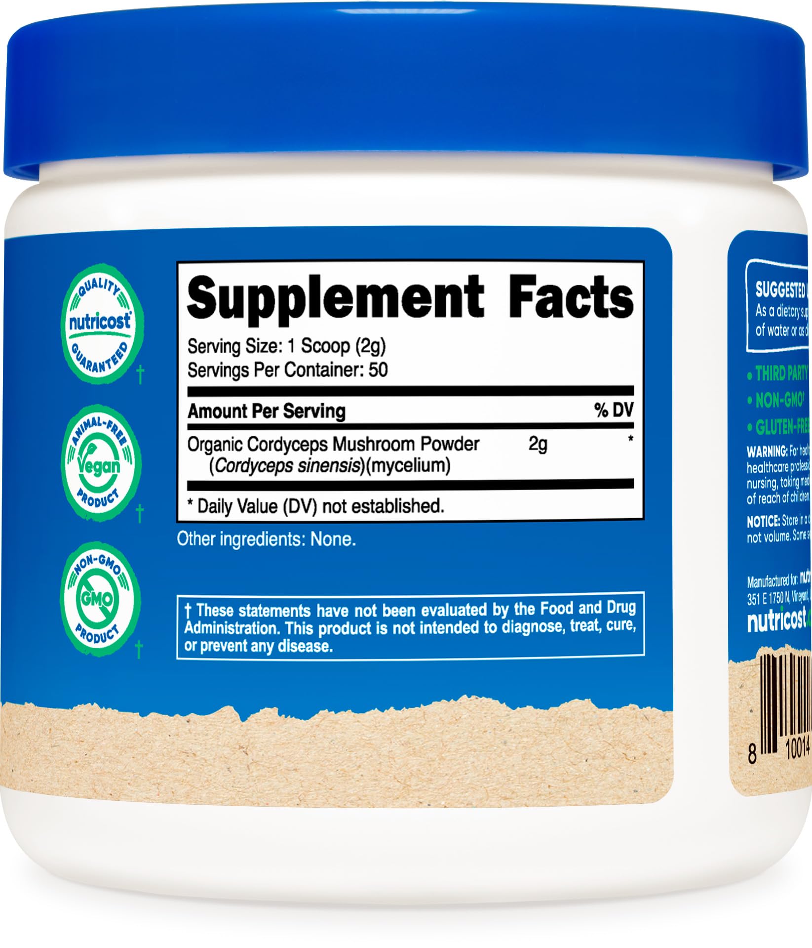 Foto 6 pulgar | Polvo De Cordyceps Nutricost, 100 G, Orgánico, Sin Transgénicos, Sin Gluten - Venta Internacional.