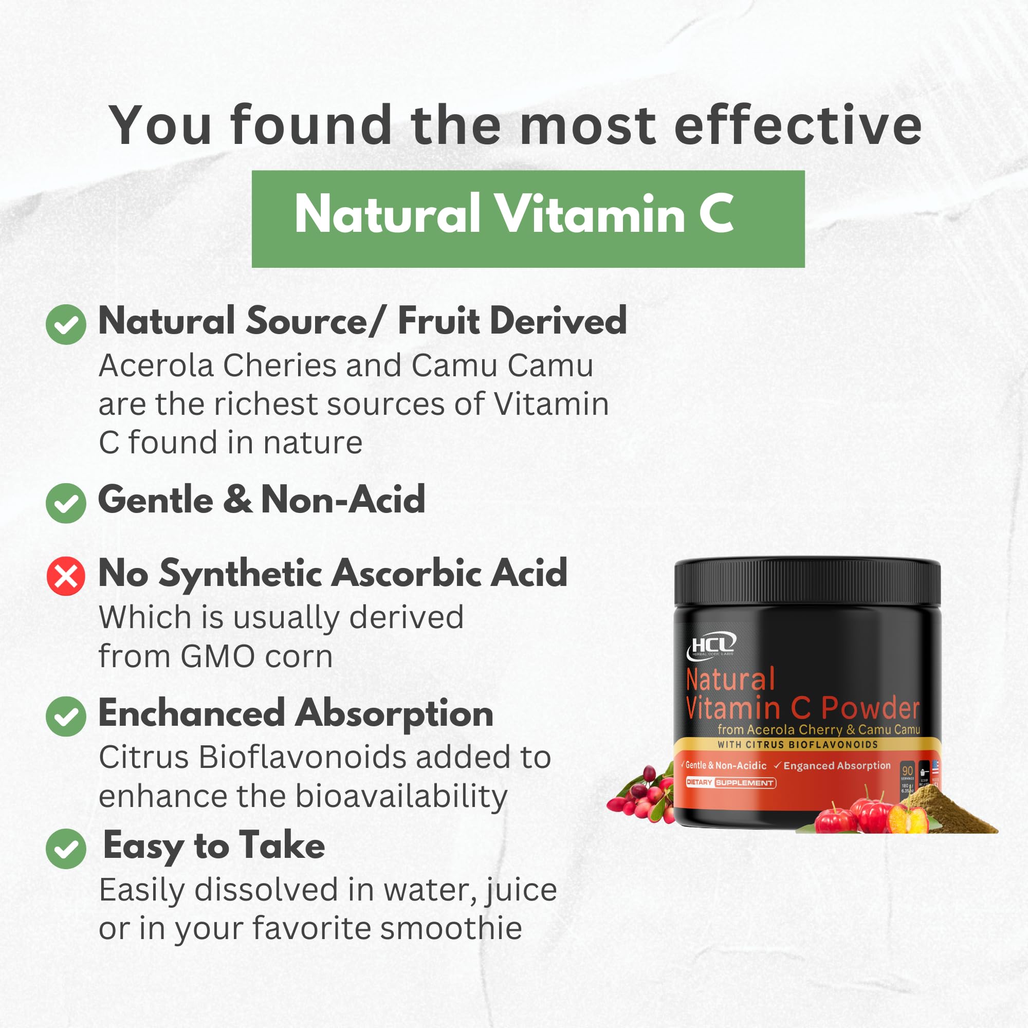Foto 2 | Vitamina C en Polvo Hcl Herbal Code Labs Organic Acerola 90 Servicios - Venta Internacional