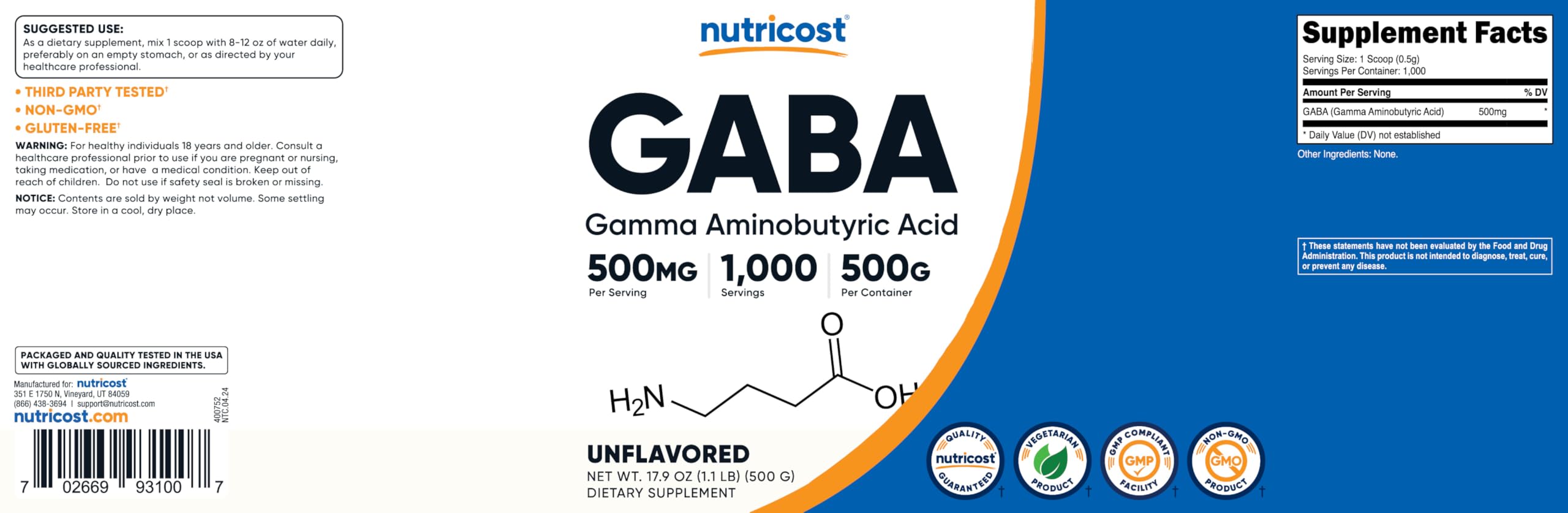 Foto 7 pulgar | Suplemento Nutricost Gaba 500 G En Polvo (ácido Gamma Aminobutírico) - Venta Internacional.