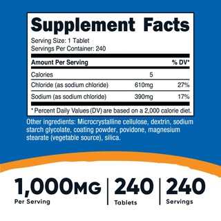 Foto 2 | Tabletas De Sal Nutricost, Cloruro De Sodio, 1000 Mg, 240 Tabletas - Venta Internacional.