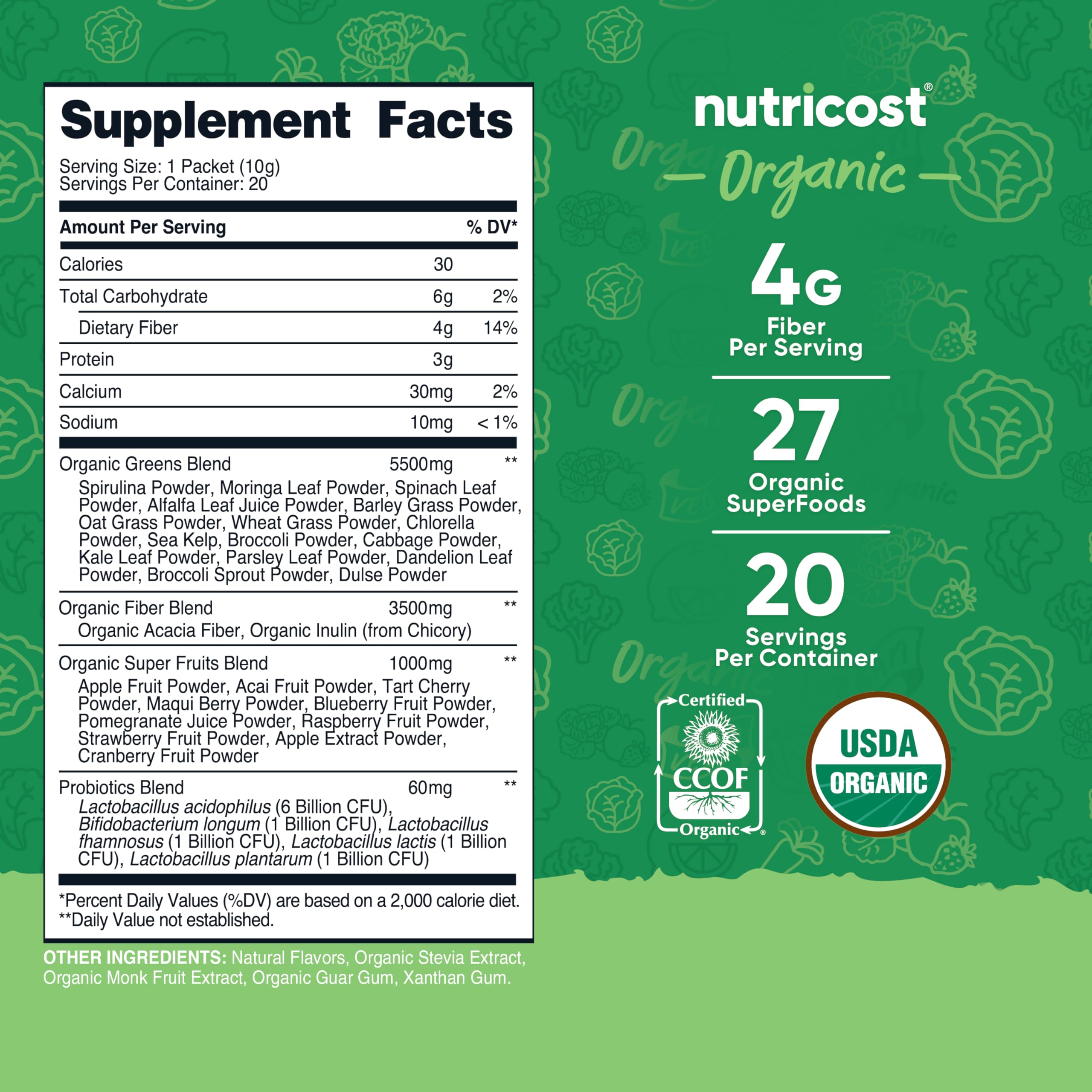 Foto 3 pulgar | Super Greens Nutricost Organic 20 Paquetes Sin Gluten - Venta Internacional.