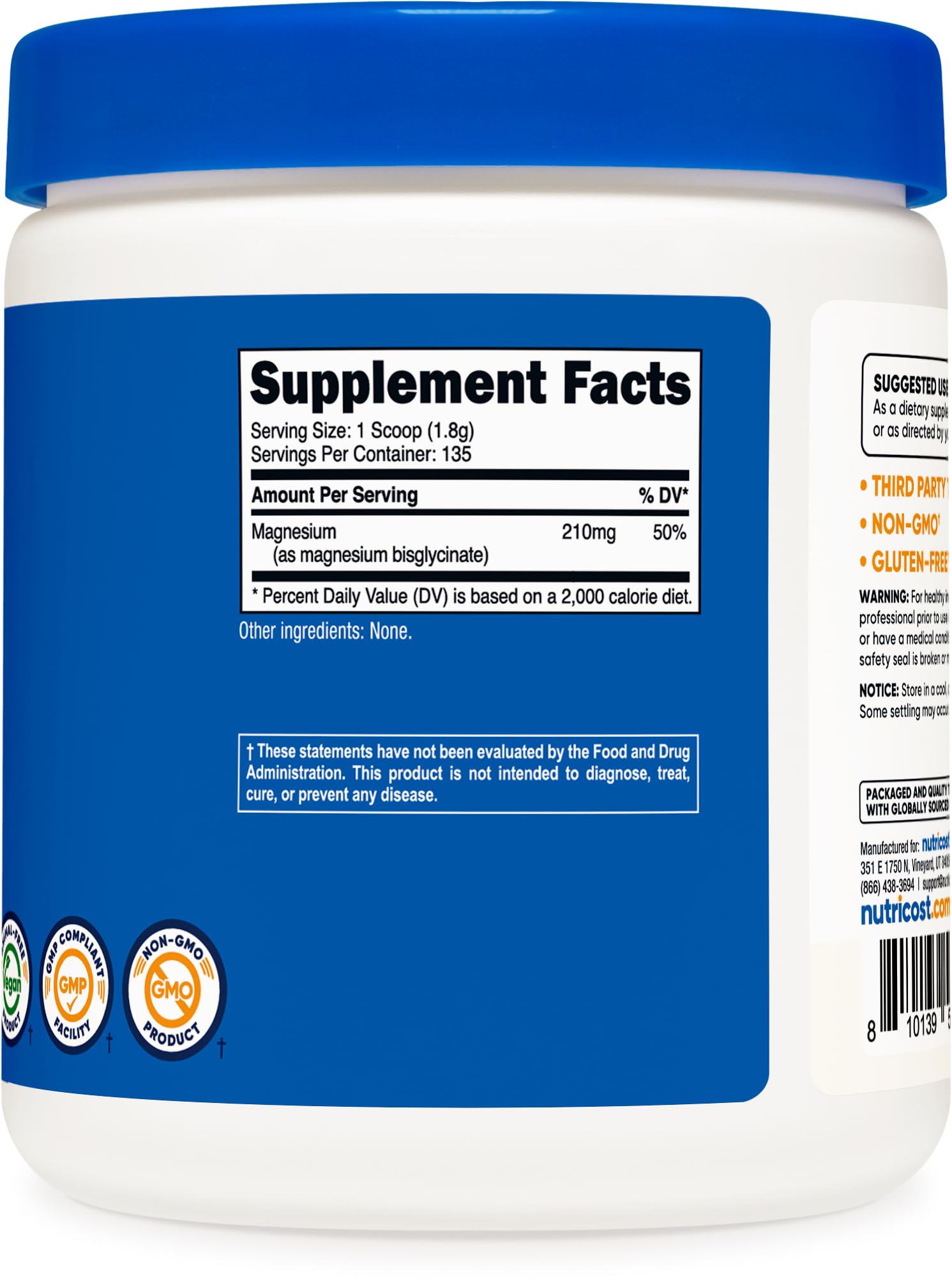Foto 5 | Bisglicinato De Magnesio En Polvo Nutricost 250 G Sin Sabor - Venta Internacional.