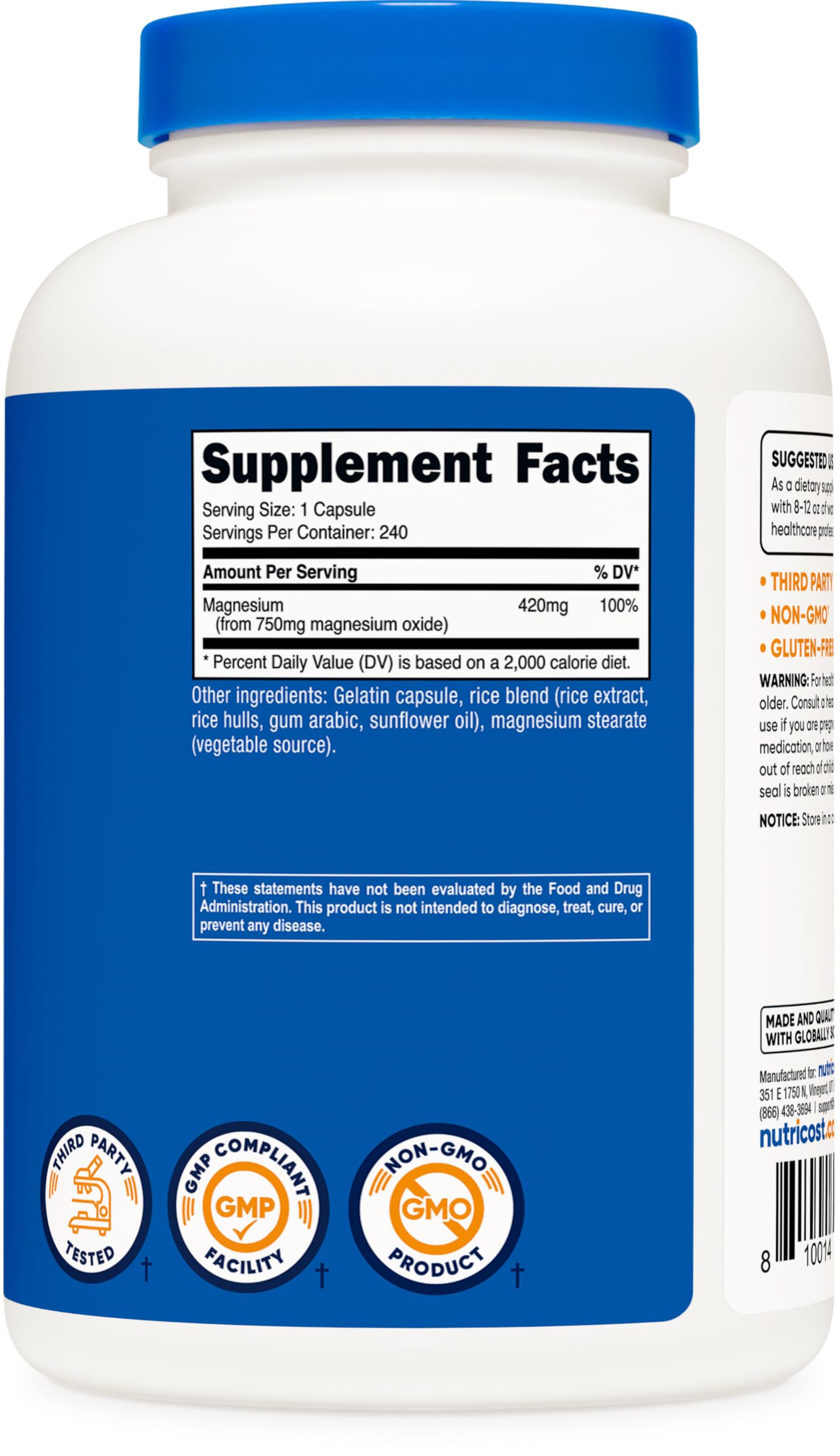 Foto 6 pulgar | Suplemento Nutricost De Óxido De Magnesio 750 Mg 240 Cápsulas - Venta Internacional.
