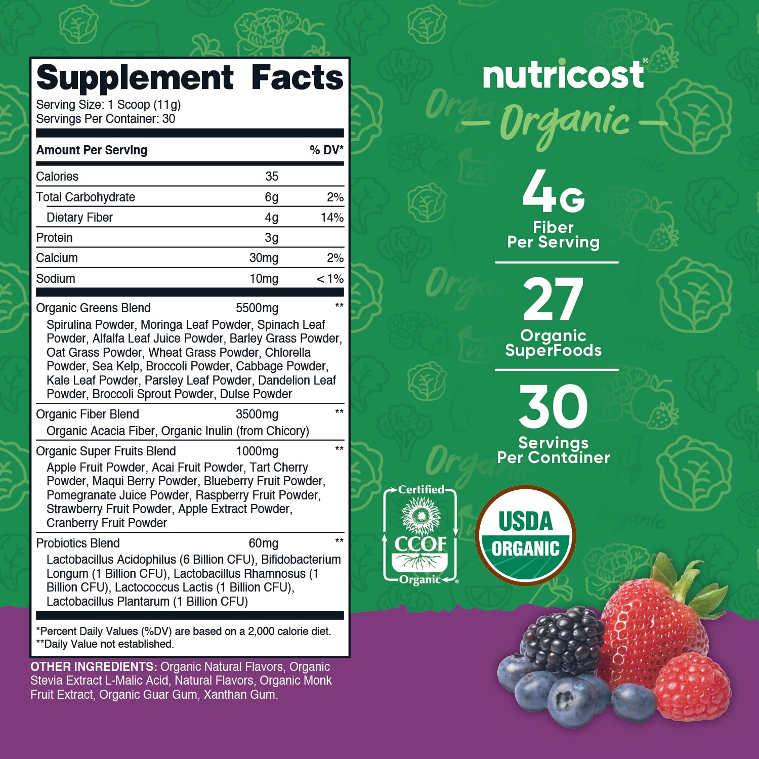 Foto 3 pulgar | Super Greens Powder Nutricost Organic Mixed Berry 30 Porciones - Venta Internacional.