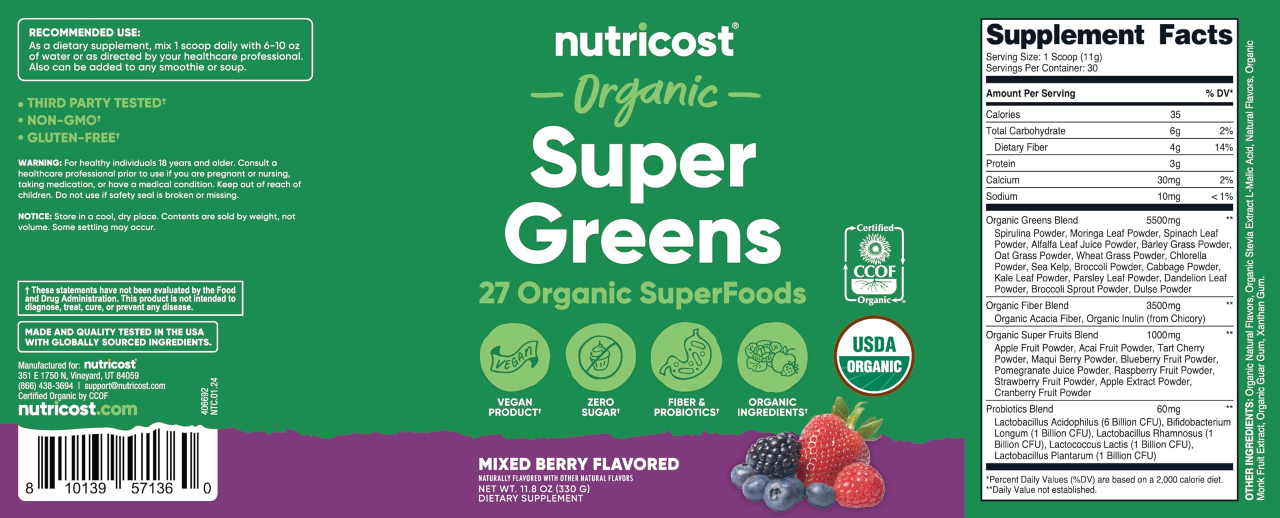 Foto 7 pulgar | Super Greens Powder Nutricost Organic Mixed Berry 30 Porciones - Venta Internacional.