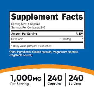 Foto 2 | Suplemento Nutricost De Ácido Cítrico 1000 Mg (1 G) 240 Cápsulas - Venta Internacional.