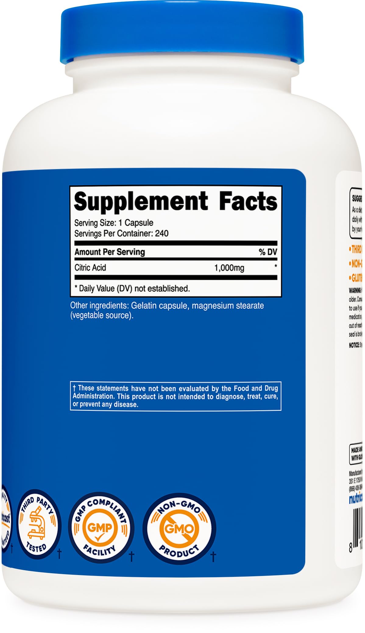 Foto 6 pulgar | Suplemento Nutricost De Ácido Cítrico 1000 Mg (1 G) 240 Cápsulas - Venta Internacional.