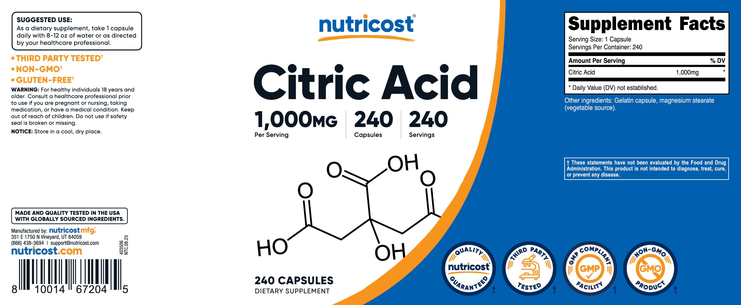 Foto 7 pulgar | Suplemento Nutricost De Ácido Cítrico 1000 Mg (1 G) 240 Cápsulas - Venta Internacional.