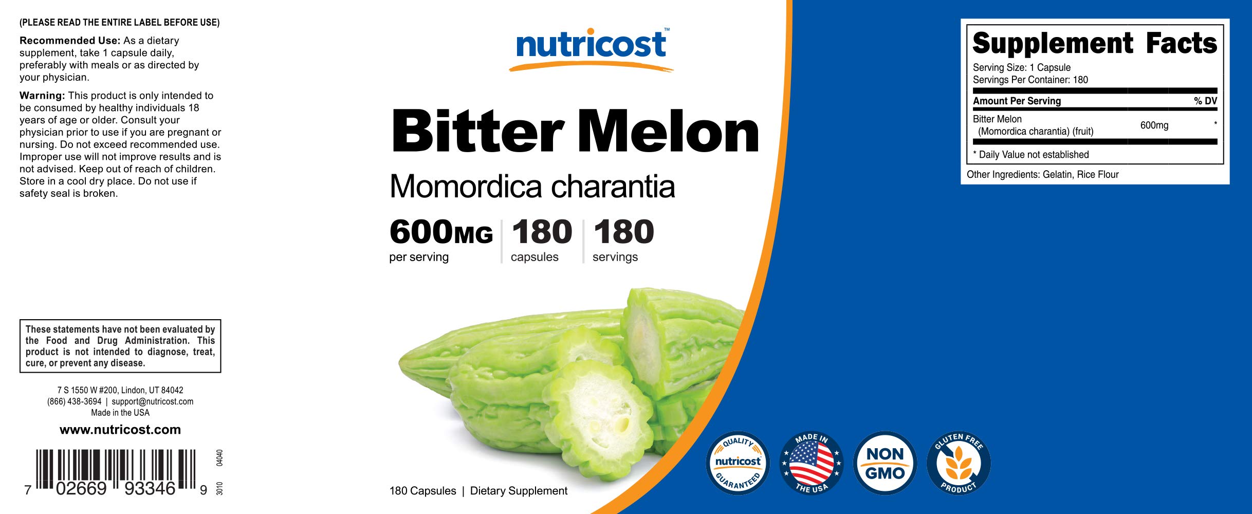 Foto 6 | Suplemento Nutricost De Melón Amargo 600 Mg (2.400 Mg Equivalentes) 180 Cápsulas - Venta Internacional.