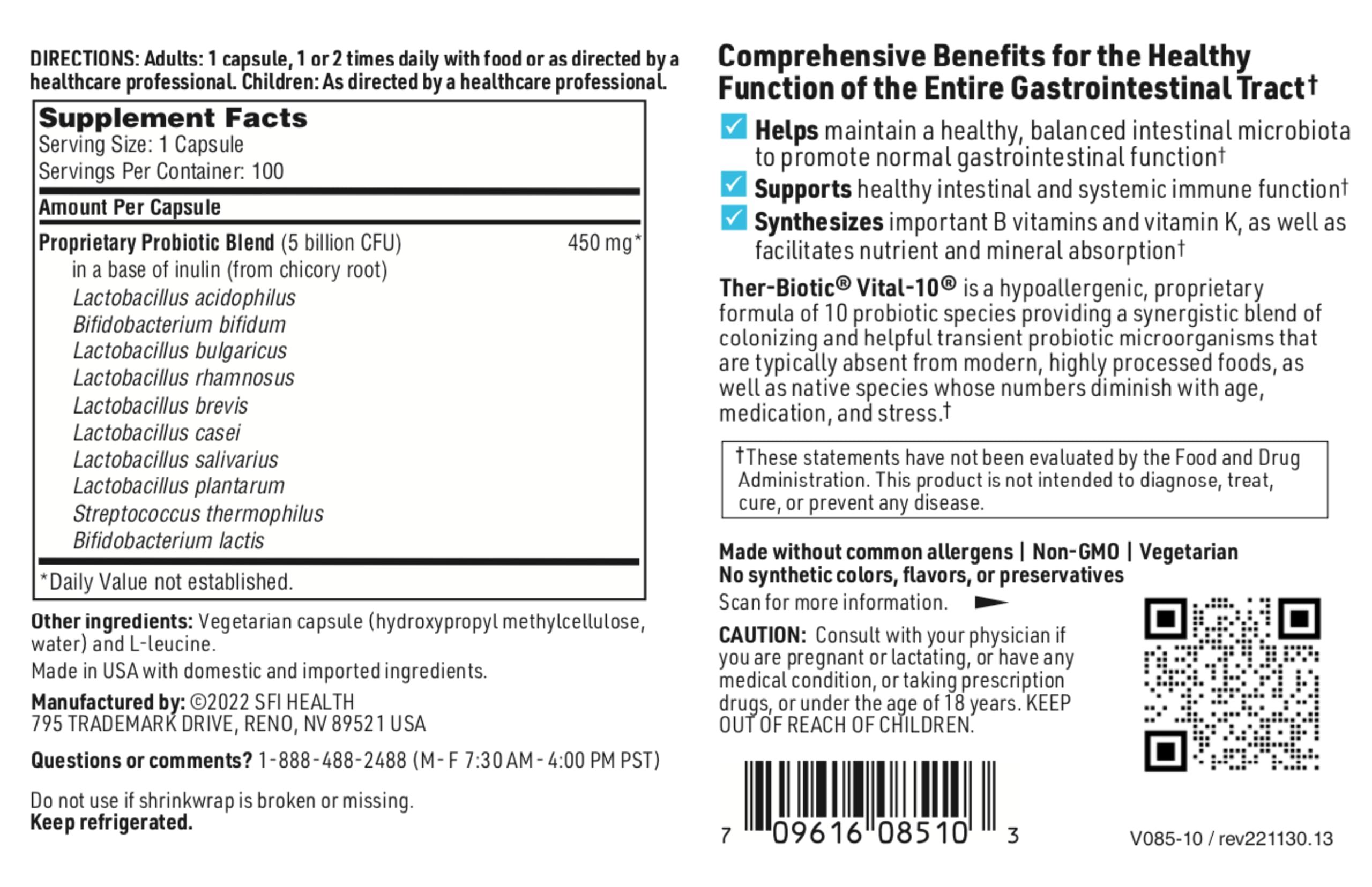 Foto 4 | Suplemento Probiótico Vital-10 De Klaire Labs, 5 Mil Millones De Cfu, 100 Cápsulas - Venta Internacional.