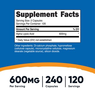 Foto 2 | Suplemento Nutricost De Ácido Alfa Lipoico 600 Mg 240 Cápsulas - Venta Internacional.