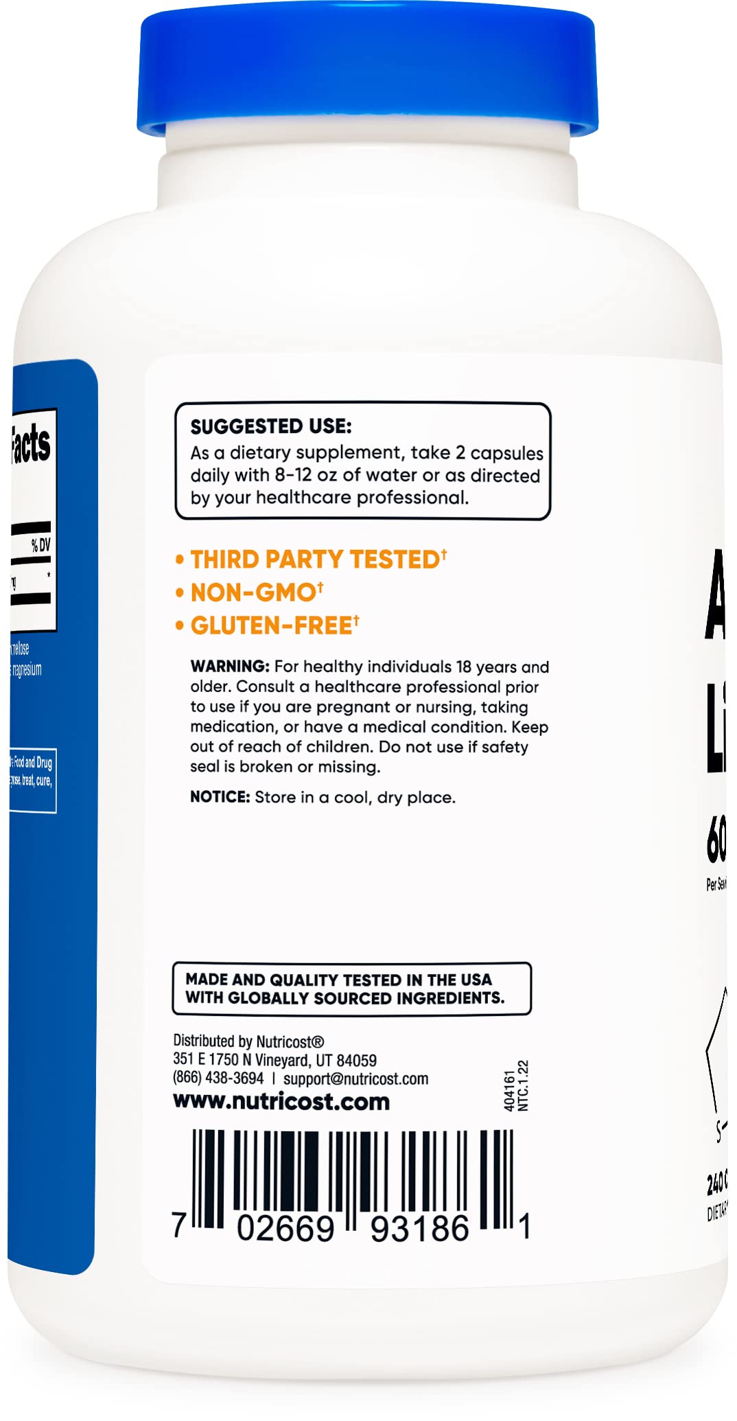 Foto 4 pulgar | Suplemento Nutricost De Ácido Alfa Lipoico 600 Mg 240 Cápsulas - Venta Internacional.