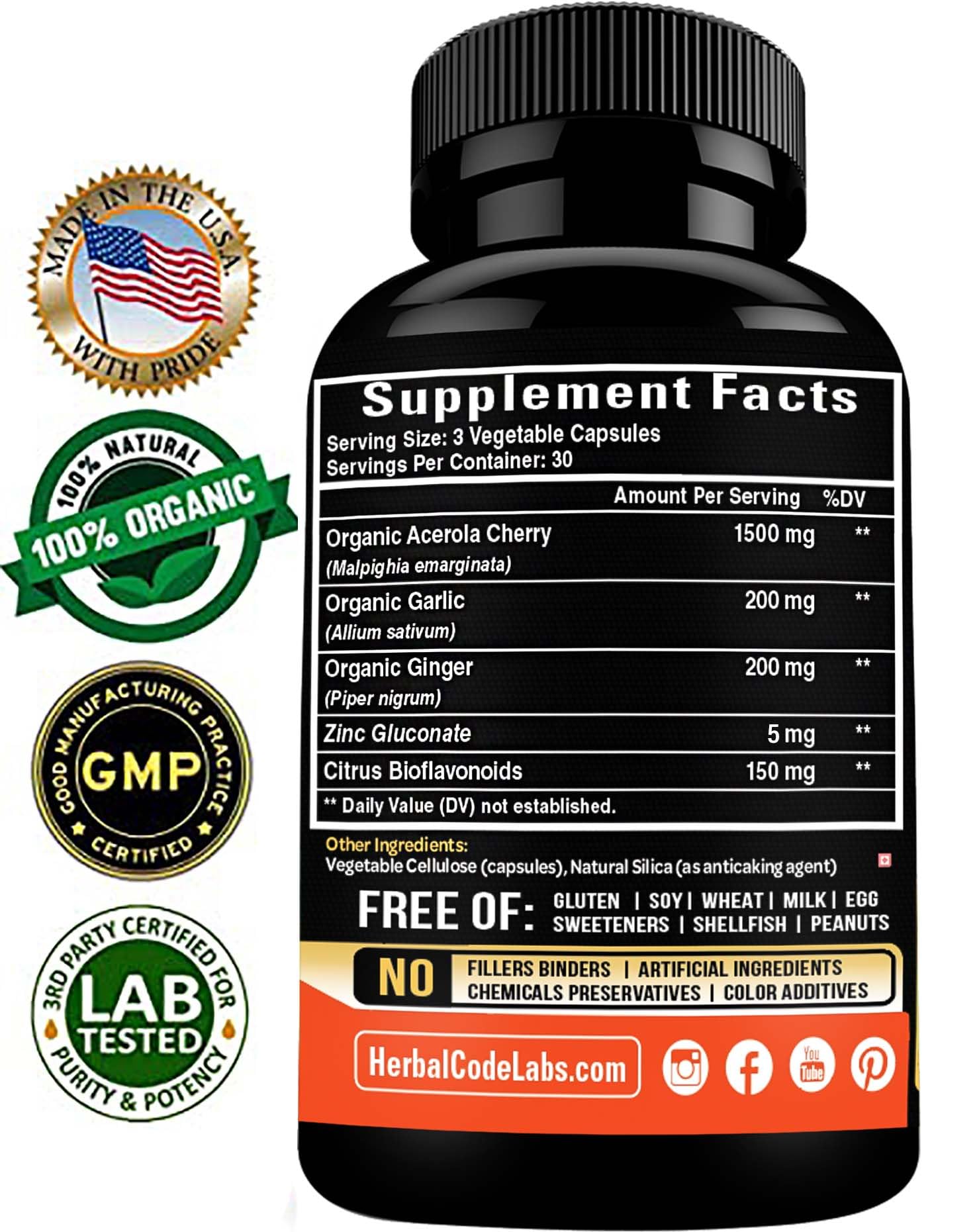 Foto 3 pulgar | Suplemento de Vitamina C Natural Hcl Herbal Code Labs 90 Cápsulas - Venta Internacional