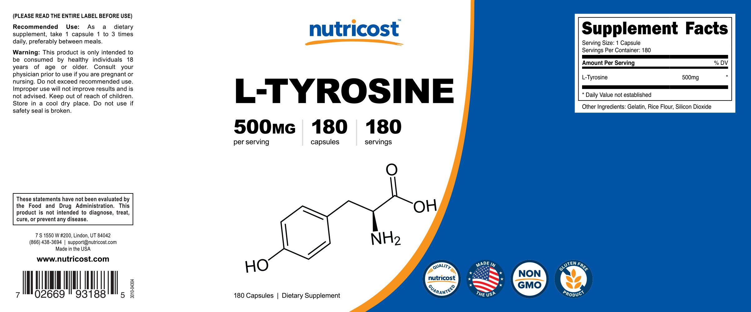 Foto 6 | Suplemento Nutricost L-tirosina 500 Mg 180 Cápsulas - Venta Internacional.